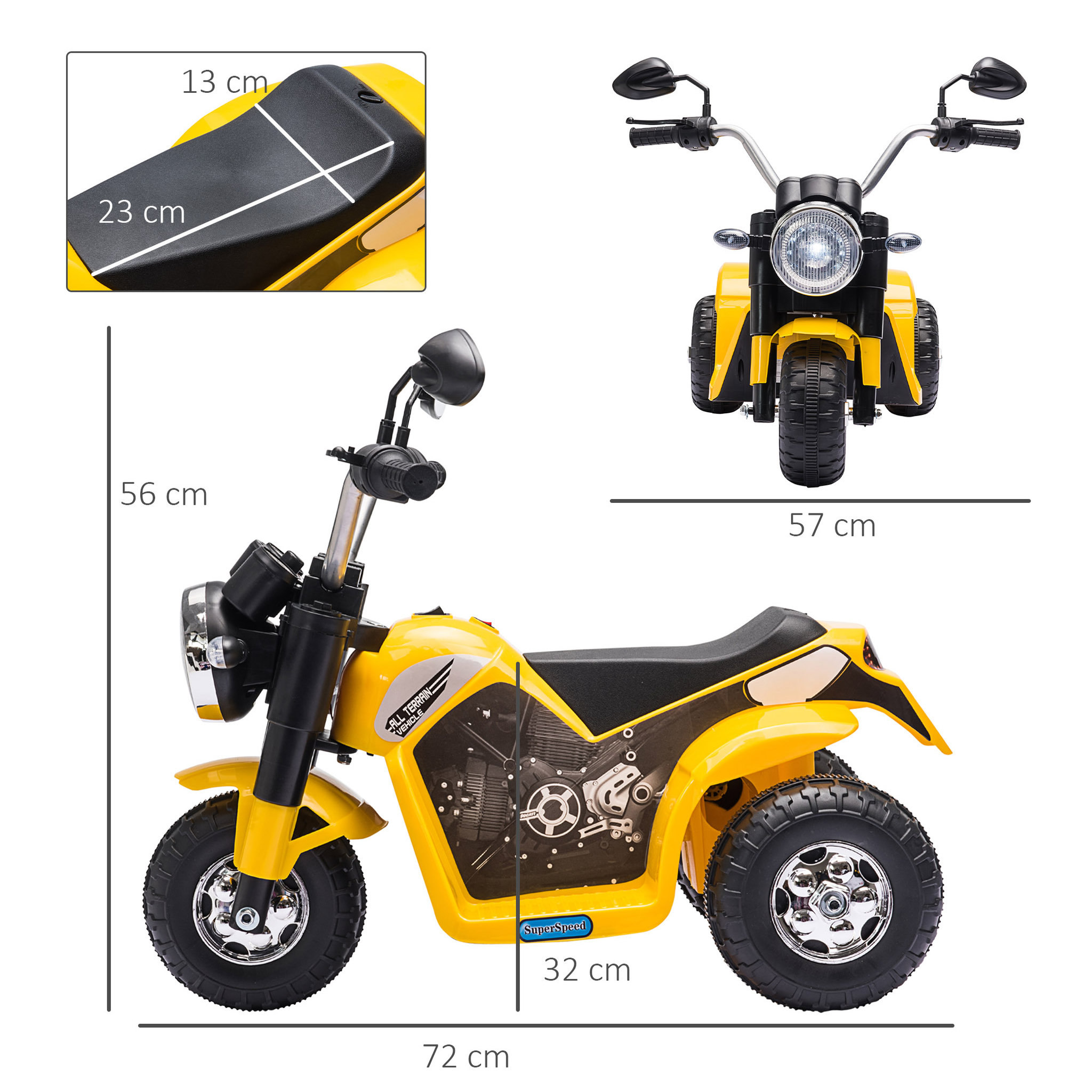 Voir la diapositive 3 : HOMCOM Moto électrique enfant chopper tout-terrain  6 V 20 W marche AV AR 3 roues effets lumineux et sonores jaune noir