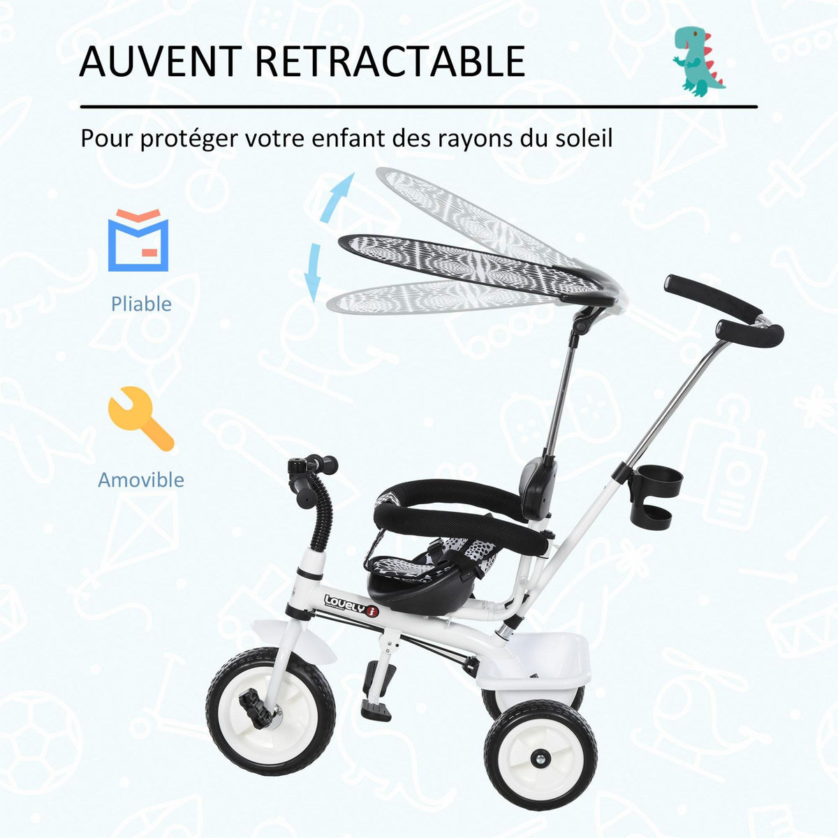 HOMCOM Tricycle enfants pare-soleil pliable canne amovible benne rangement 103 x 47 x 101 cm acier blanc et noir
