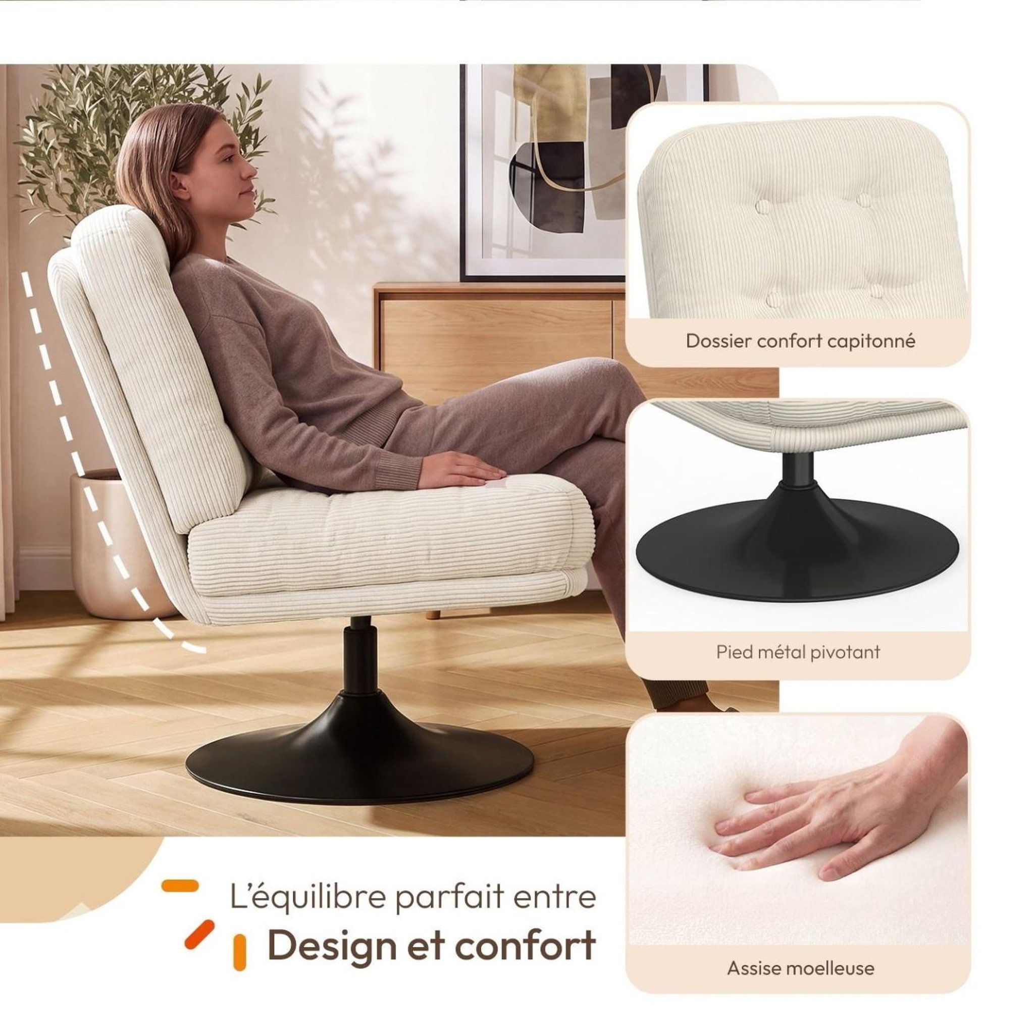 Voir la diapositive 3 : ID MARKET Fauteuil pivotant ALFRED en velours côtelé beige pied tulipe métal noir