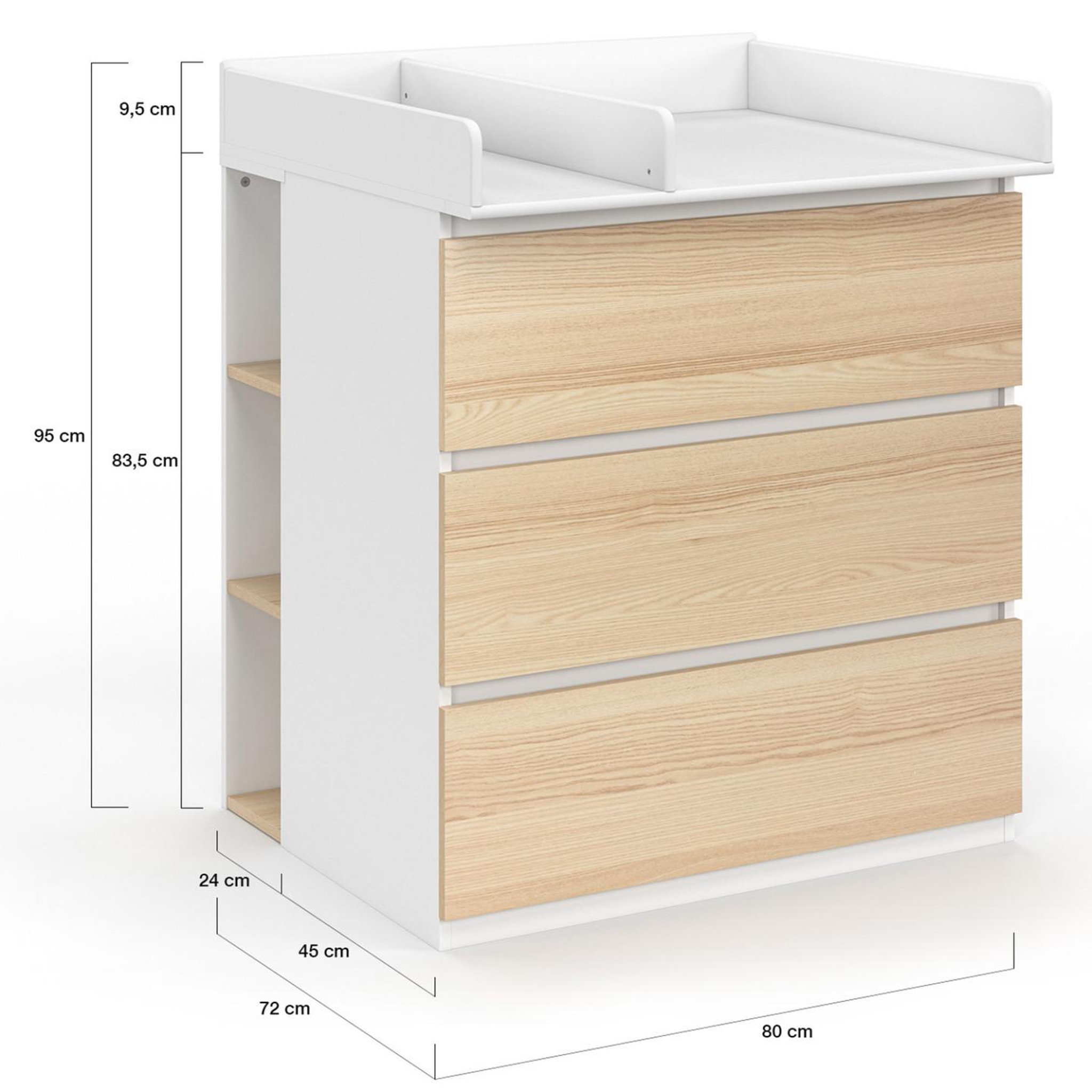 Voir la diapositive 5 : ID MARKET Commode à langer évolutive ambre façon hêtre et blanc 3 tiroirs table à langer et 2 étagères amovibles