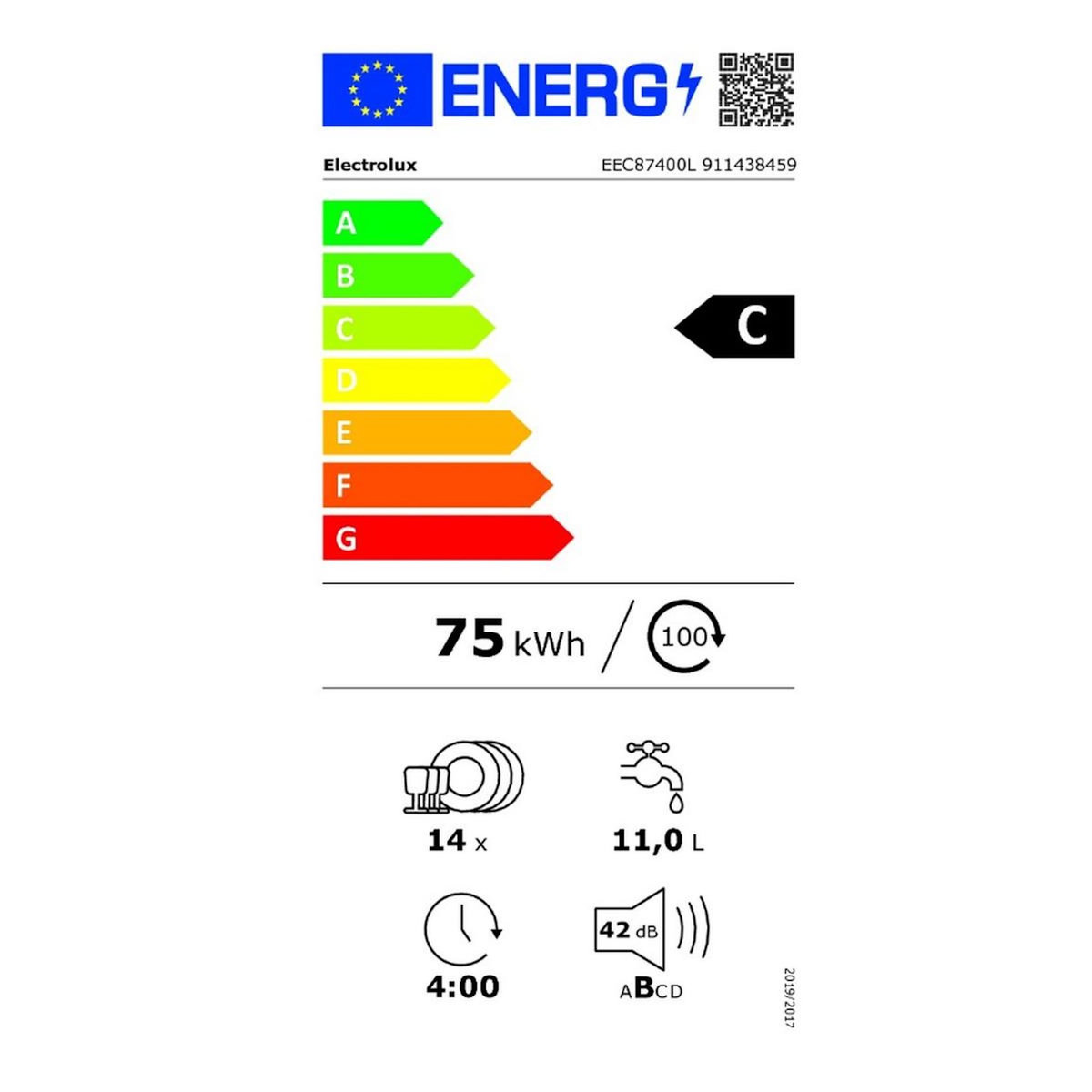 ELECTROLUX Lave-vaisselle 60cm 14 couverts 42db tout intégrable - EEC87400L