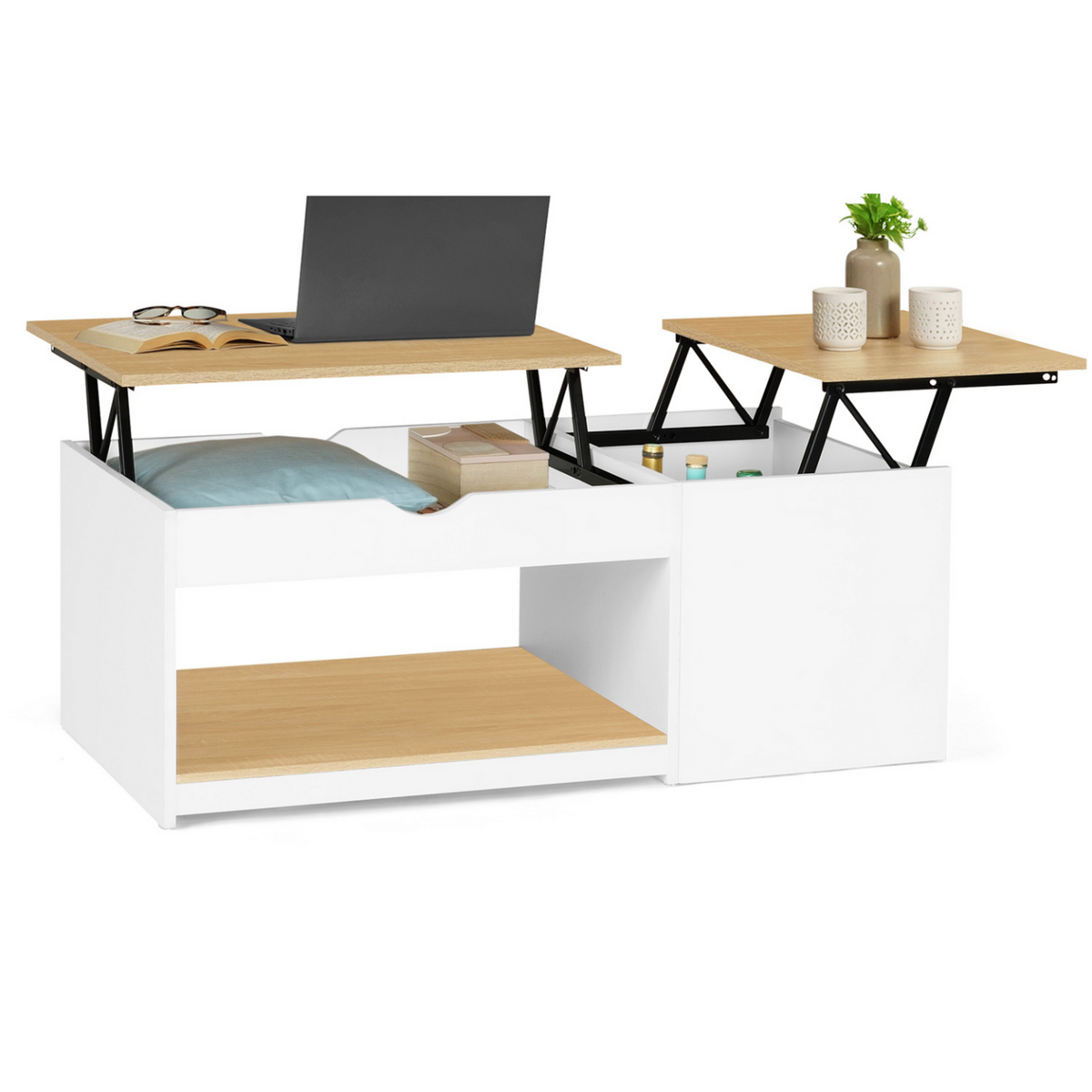 ID MARKET Table basse 2 plateaux relevables EYLA avec coffre bois blanc et façon hêtre