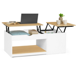 ID MARKET Table basse 2 plateaux relevables EYLA avec coffre bois blanc et façon hêtre