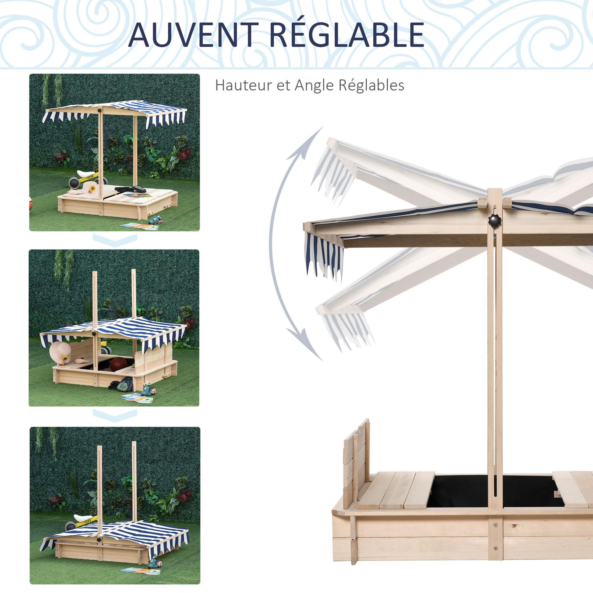Voir la diapositive 4 : OUTSUNNY Bac à sable carré en bois pour enfant dim. 106L x 106l cm avec bancs et couvercle - auvent réglable