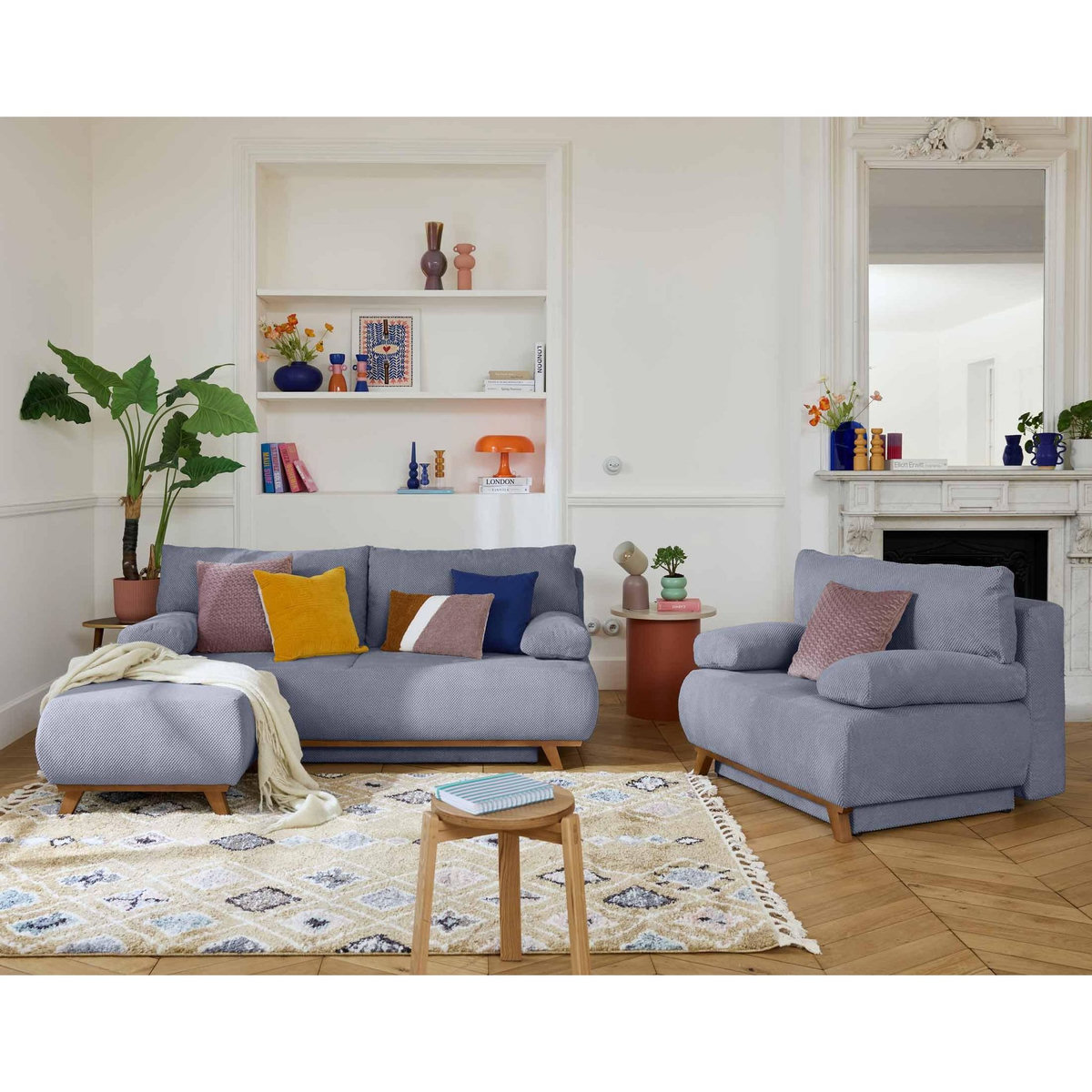 BEST MOBILIER Cristal - canapé 3 places - convertible avec coffre et pouf - en velours texturé