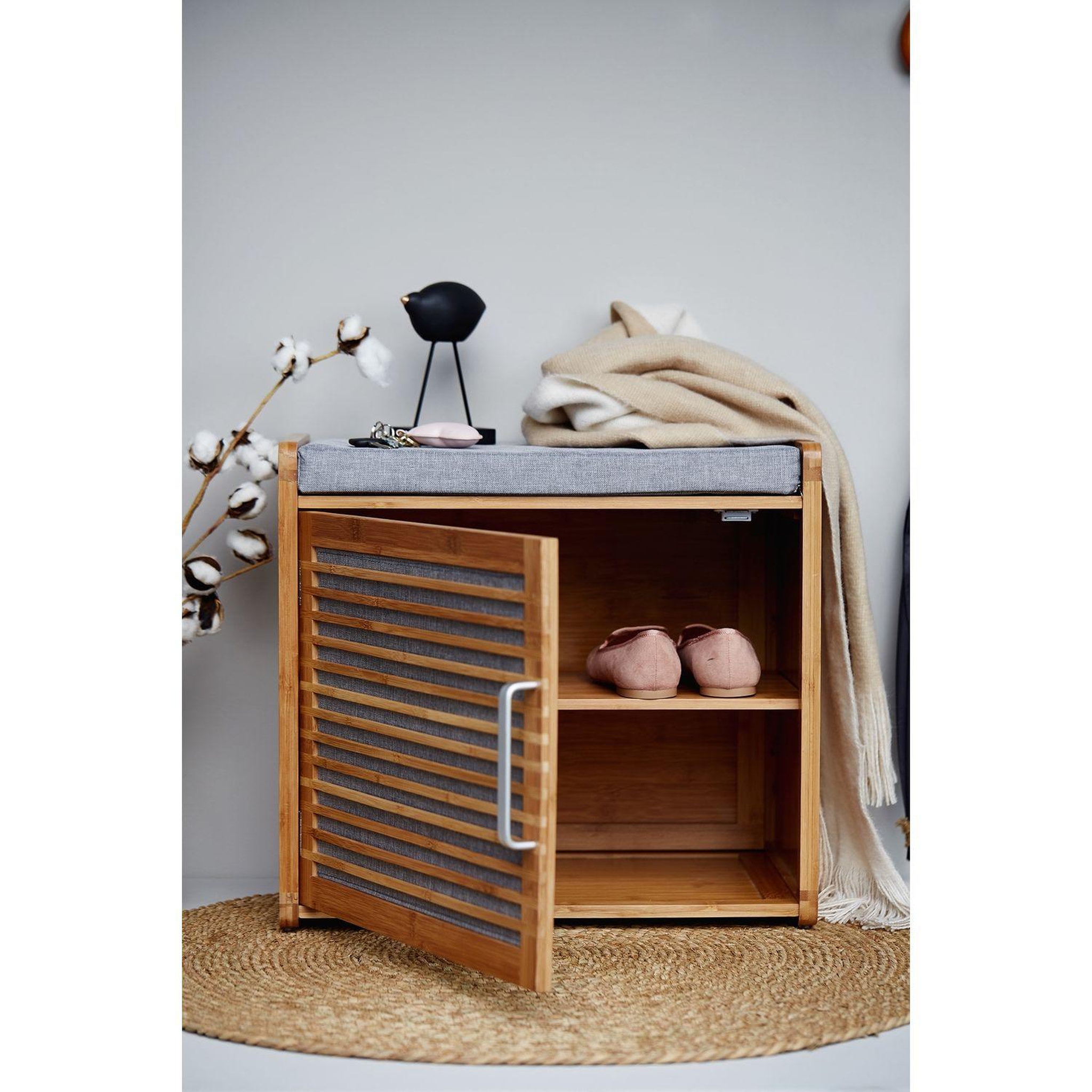 Voir la diapositive 2 : Wenko Banc armoire de salle de bain en bambou bahari - l. 50 x h. 45 cm - gris