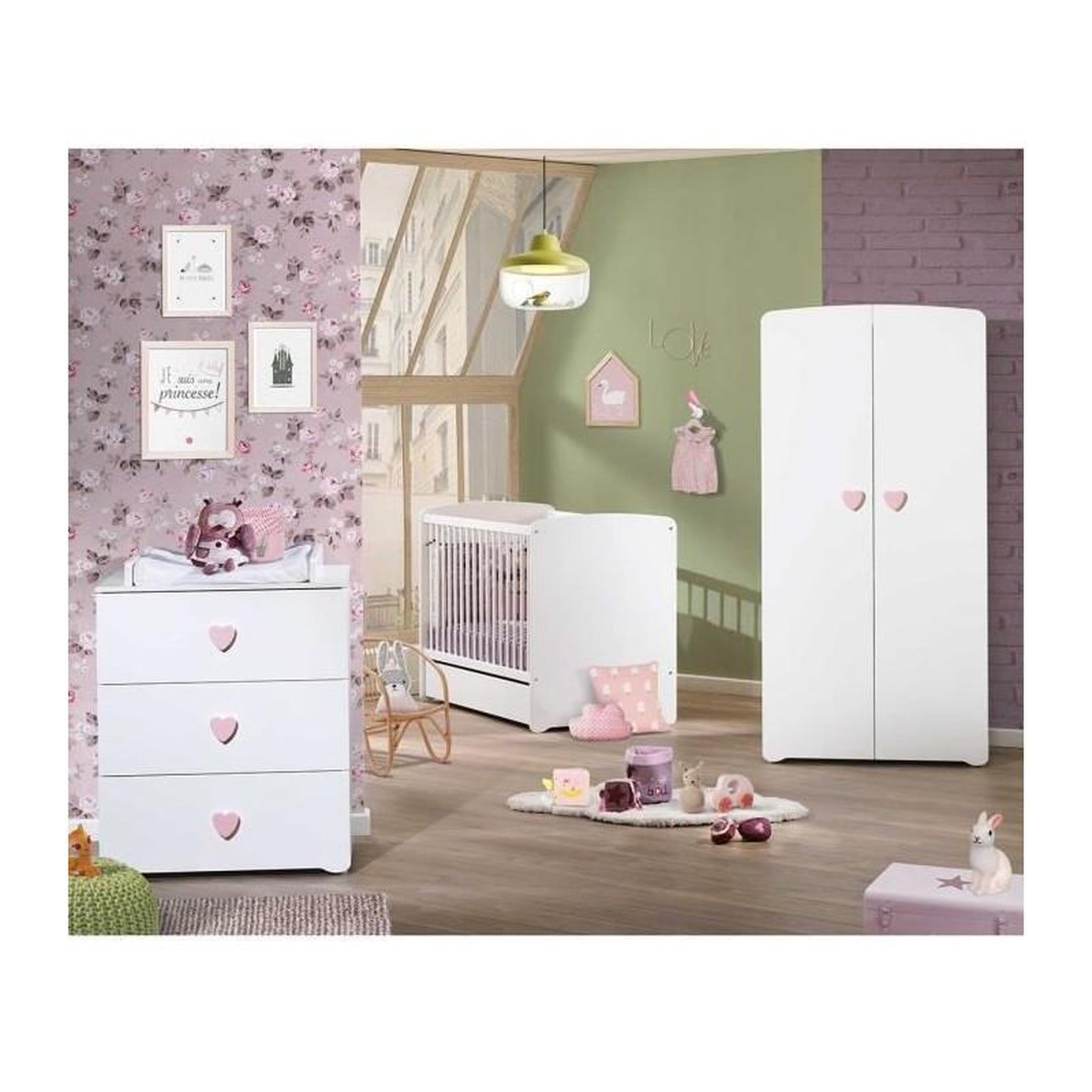 Voir la diapositive 2 : BABY PRICE BABY PRICE New Basic Armoire Chambre Bébé 2 Portes - Boutons Coeur Rose