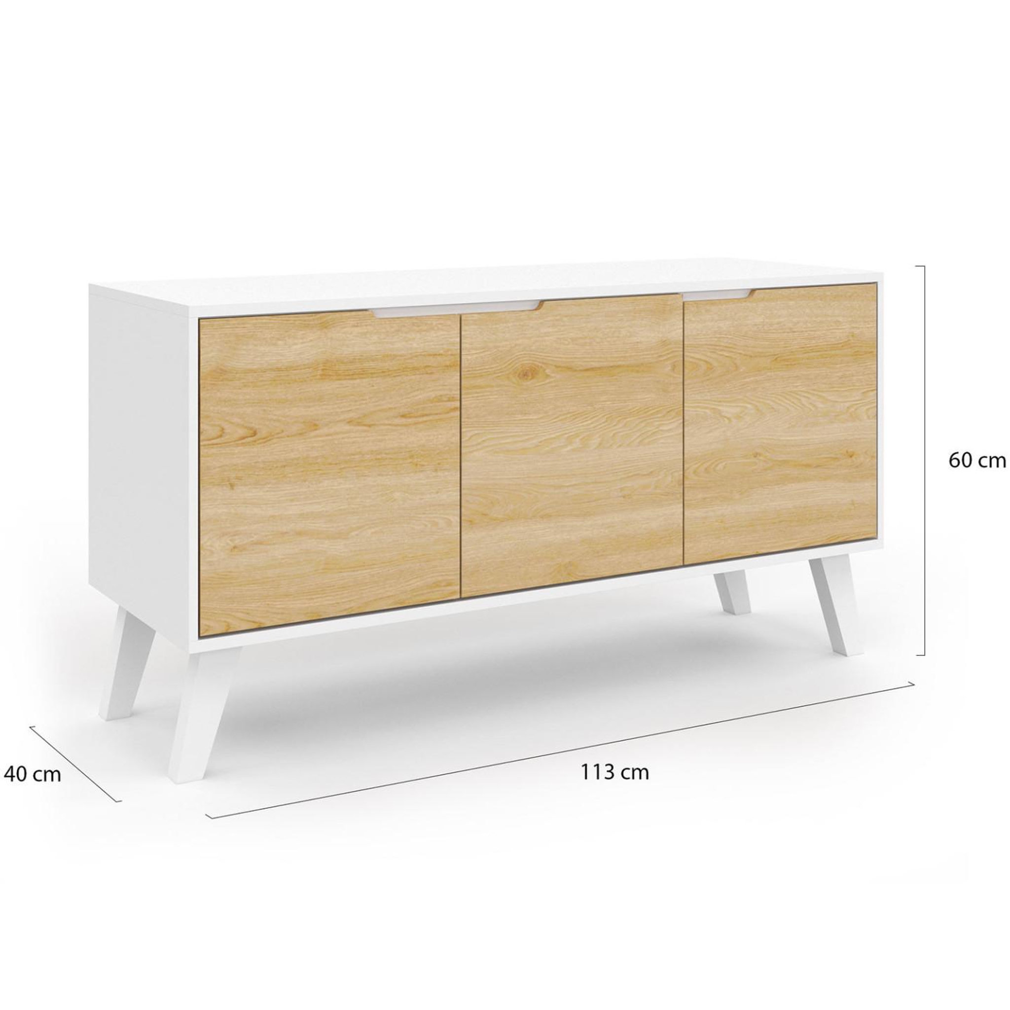 Voir la diapositive 5 : ID MARKET Buffet bas scandinave 113 cm finn 3 portes blanc et façon hêtre