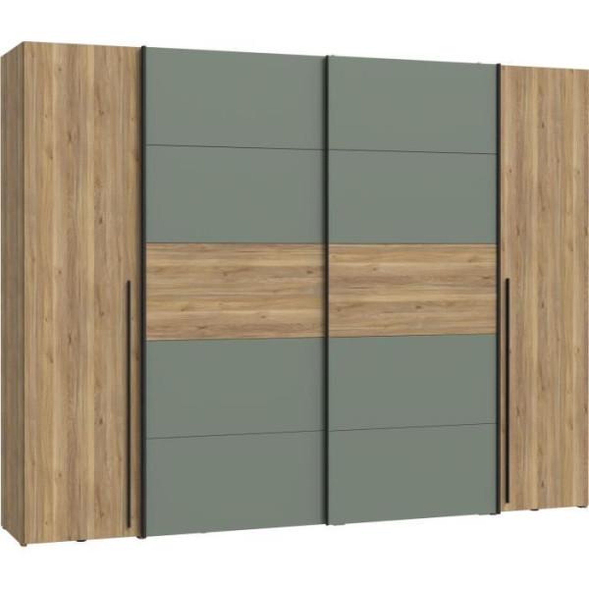 Voir la diapositive 5 : MARKET24 Armoire - Décor Chene et vert Sauge - 2 portes battantes + 2 portes coulissantes - L270 x P61 x H210cm - NARAGO