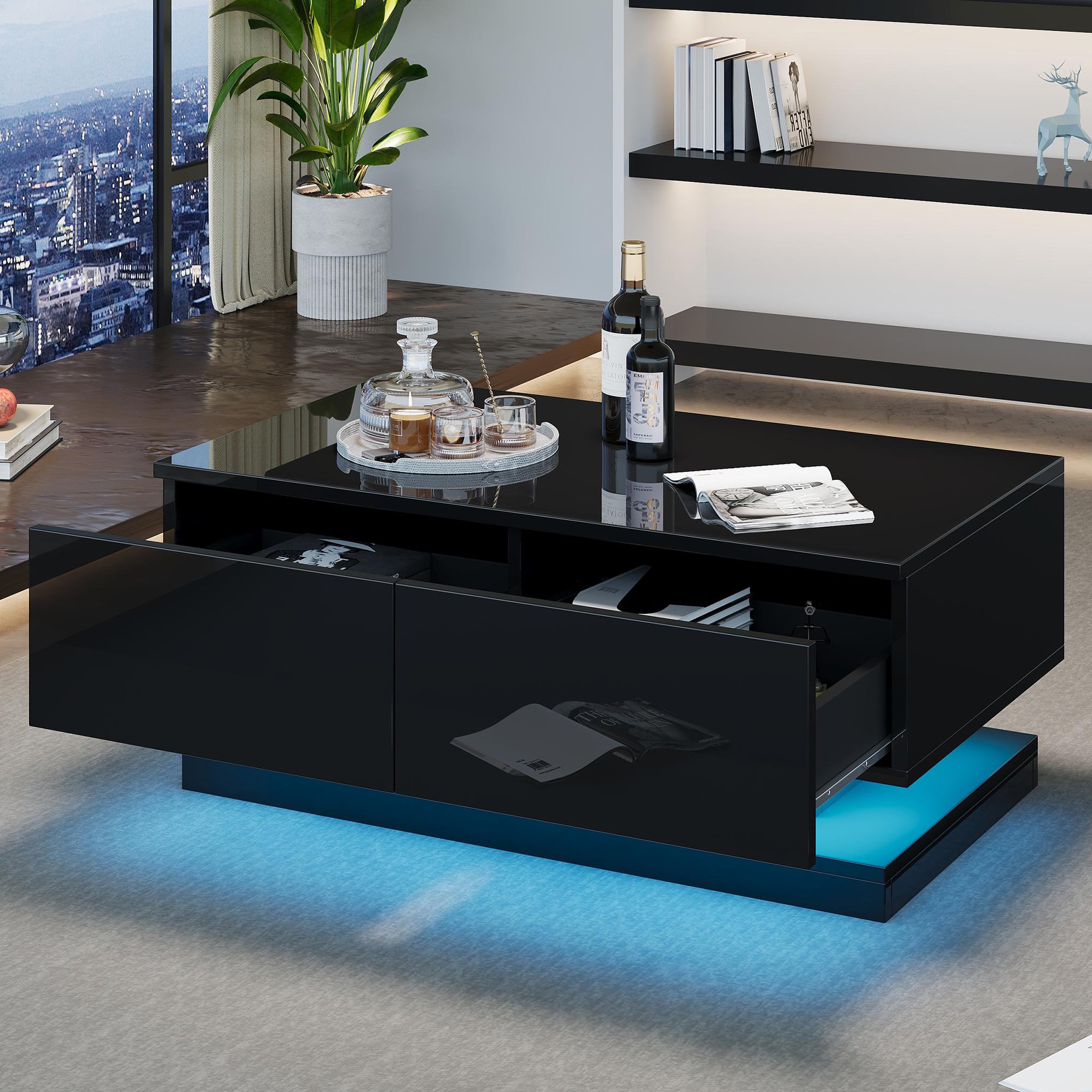 Voir la diapositive 5 : MERAX Table basse rectangulaire noir avec 2 tiroirs - 50x90 cm led panneau de particules