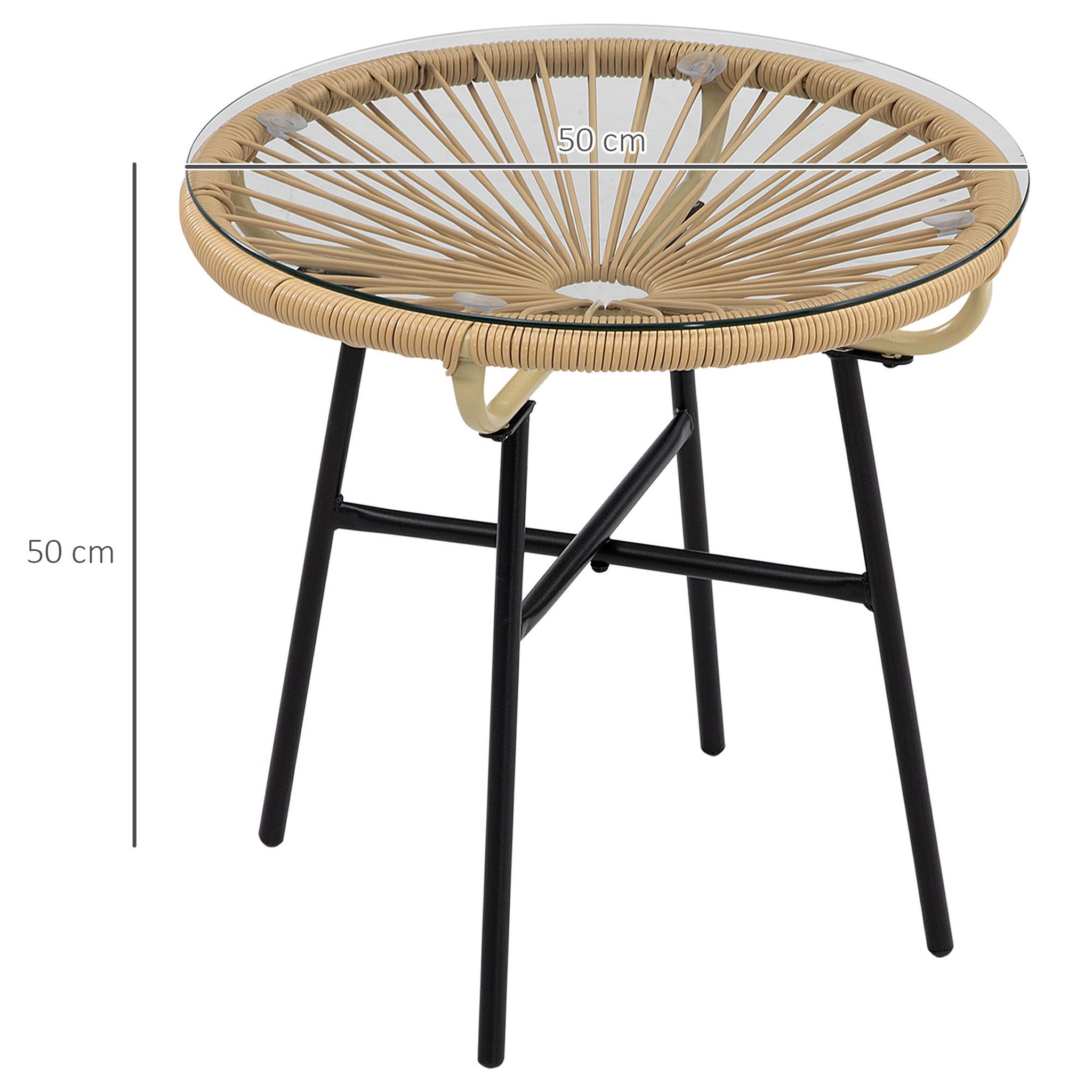 Voir la diapositive 3 : OUTSUNNY Table basse ronde de jardin en résine aspect rotin métal et plateau verre trempé Ø 50 x 50H cm beige