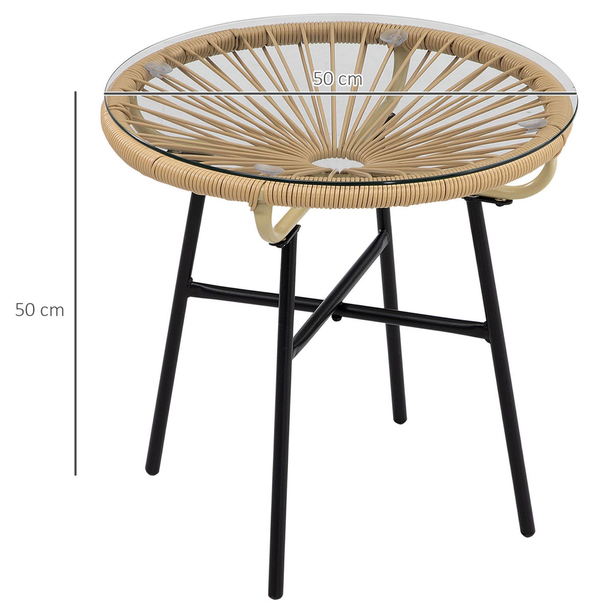 OUTSUNNY Table basse ronde de jardin en résine aspect rotin métal et plateau verre trempé Ø 50 x 50H cm beige