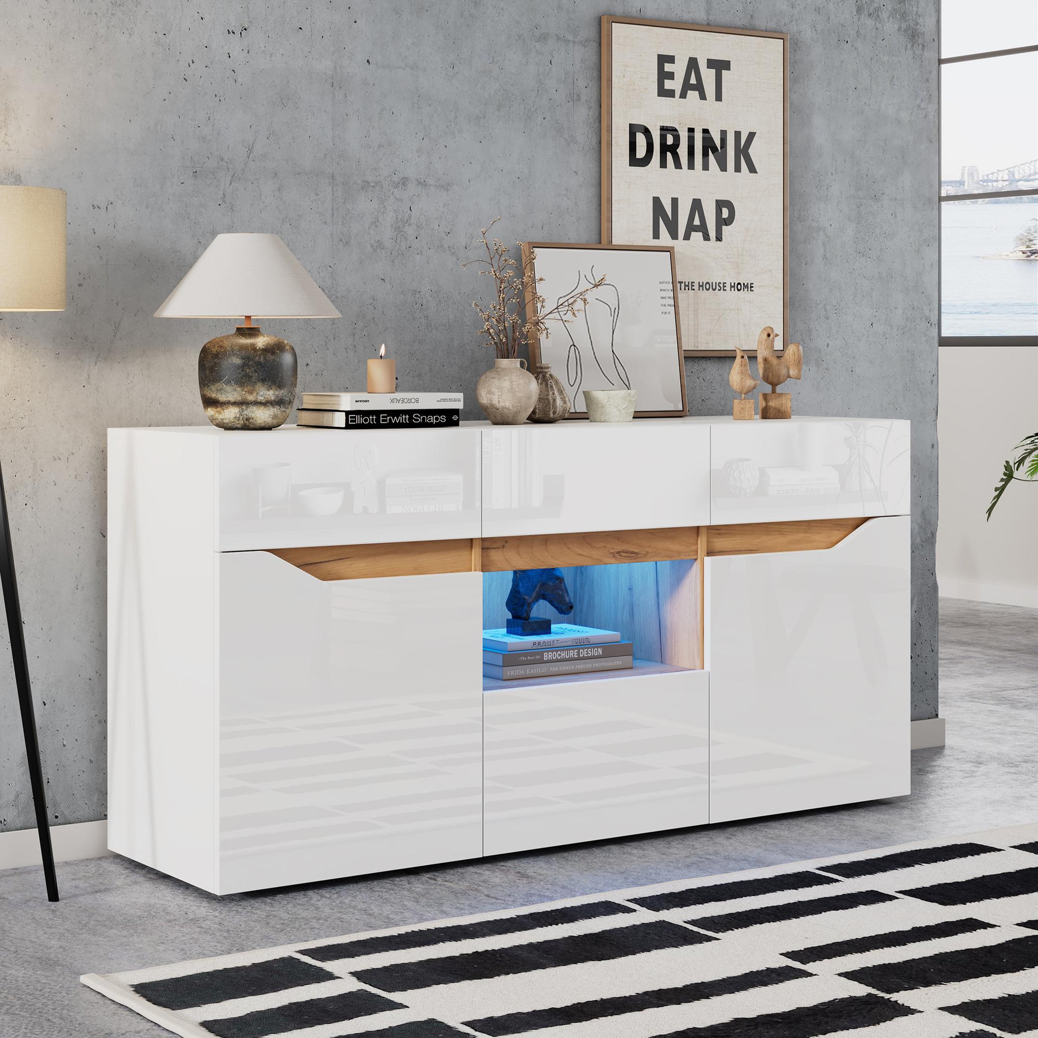 Voir la diapositive 4 : MERAX Buffet 2 porte(s) 4 tiroir(s) - 140 cm blanc led panneau de particules