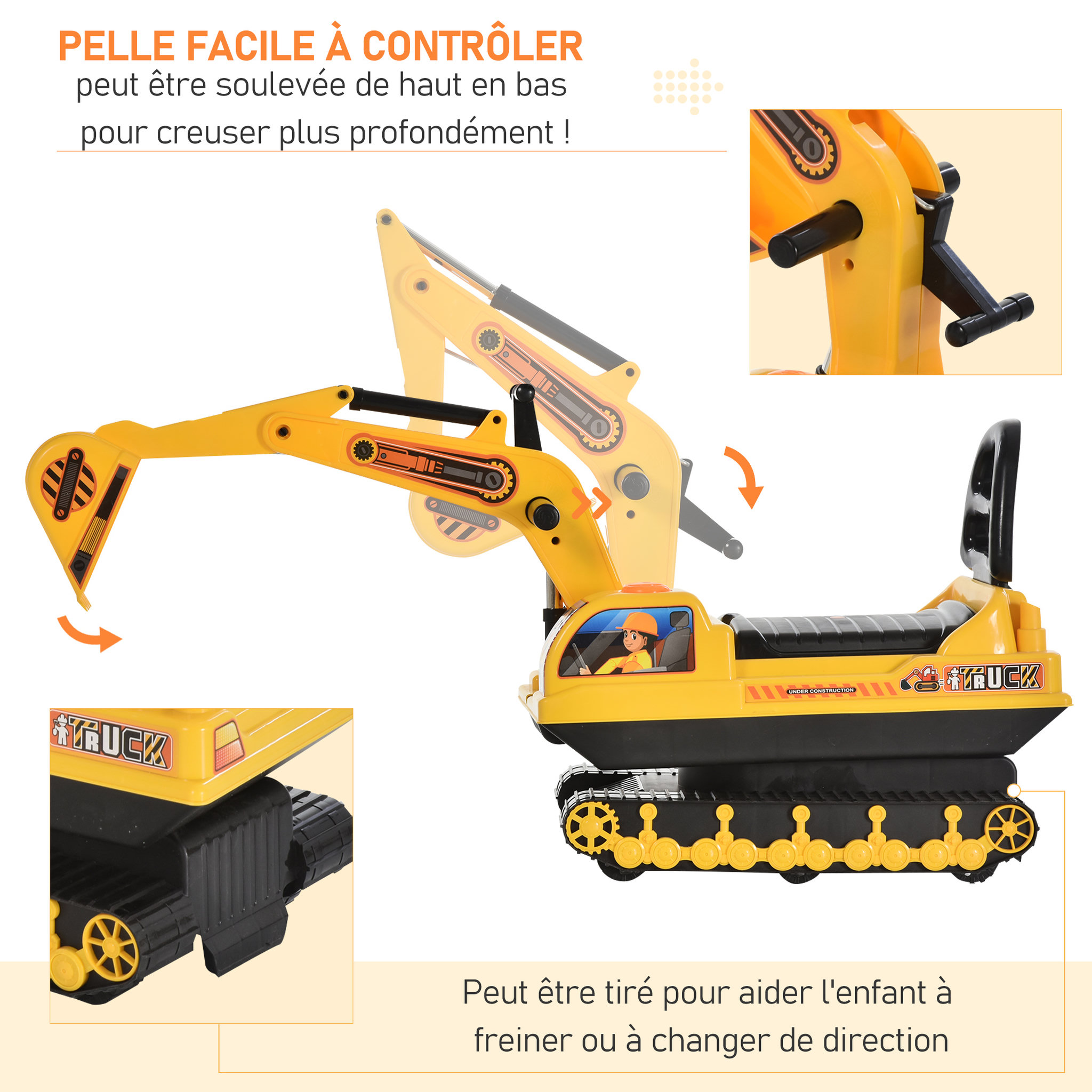 Voir la diapositive 6 : HOMCOM Porteur enfant tractopelle 12-36 mois coffre klaxon fonction pivotante jaune