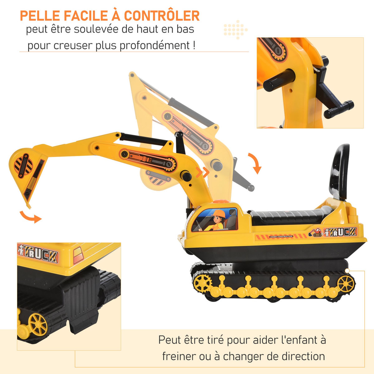 HOMCOM Porteur enfant tractopelle 12-36 mois coffre klaxon fonction pivotante jaune