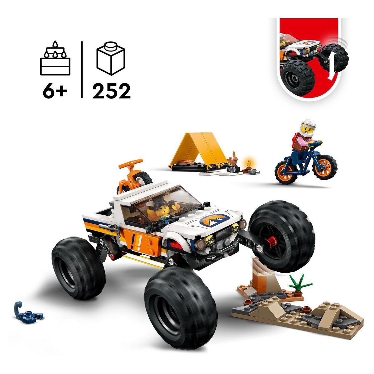 LEGO City 60387 Les aventures du 4x4 tout terrain, Set de Camping, Jouet Monster Truck avec Suspension et VTT, Jeu de Voiture 