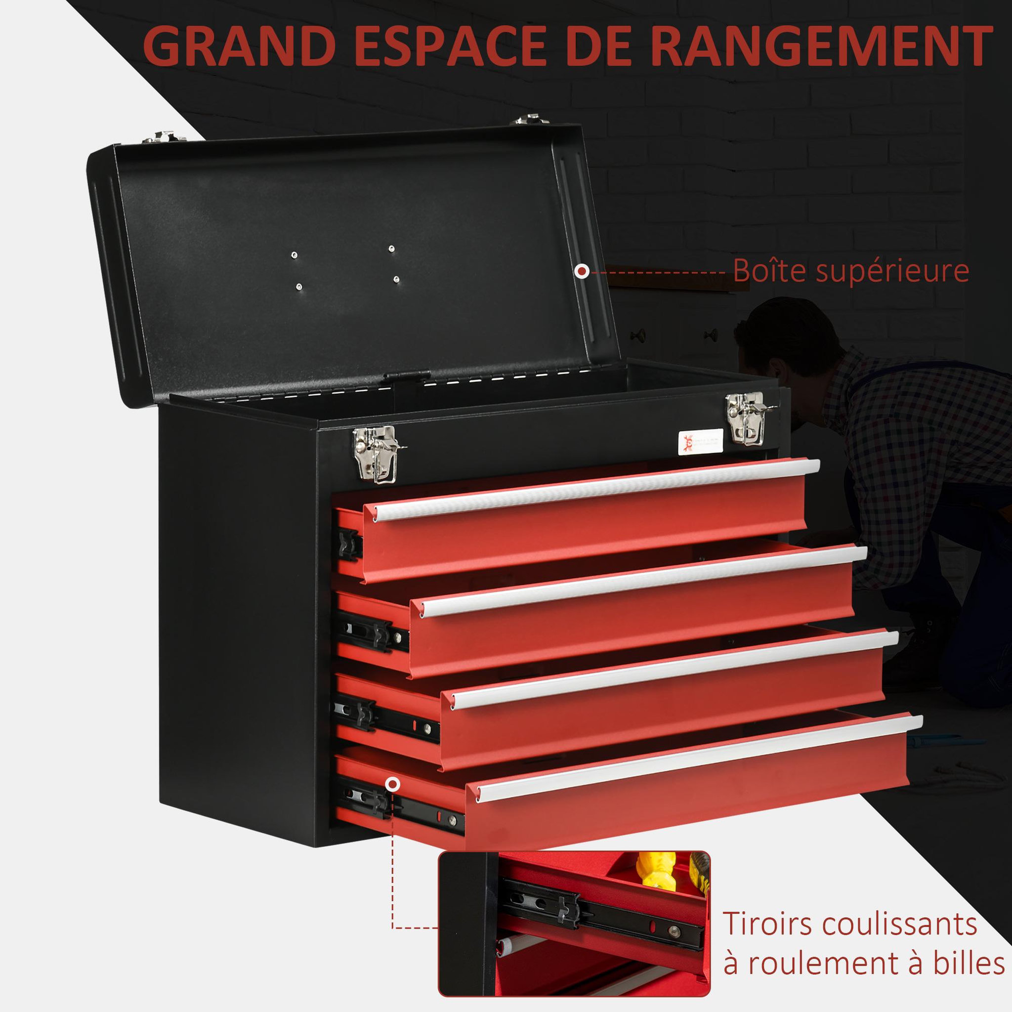 Voir la diapositive 5 : HOMCOM Boite à outils métallique coffret à outils caisse à outils 4 tiroirs + plateau tôle acier rouge noir