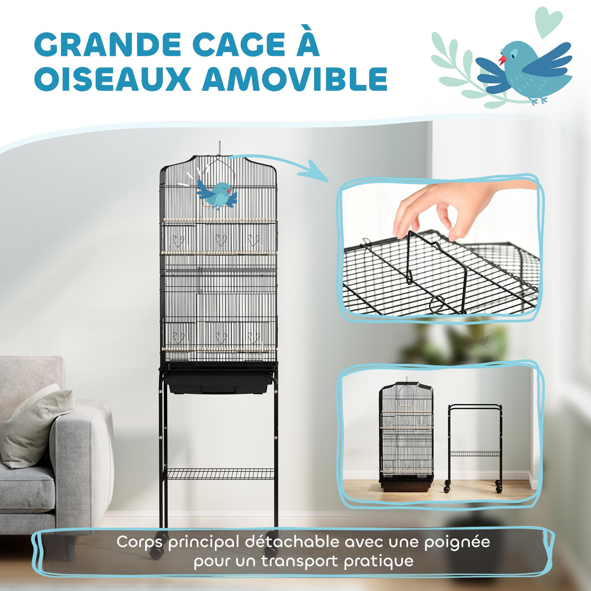 Voir la diapositive 6 : PAWHUT Cage à oiseaux sur pied volière mobile toit ouvrant 3 perchoirs étagère 46 x 36 x 157 cm
