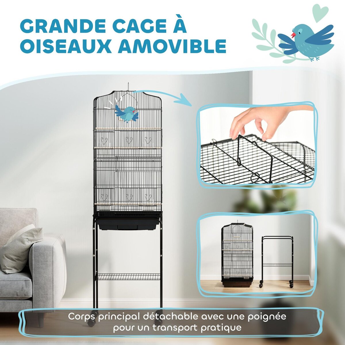 PAWHUT Cage à oiseaux sur pied volière mobile toit ouvrant 3 perchoirs étagère 46 x 36 x 157 cm