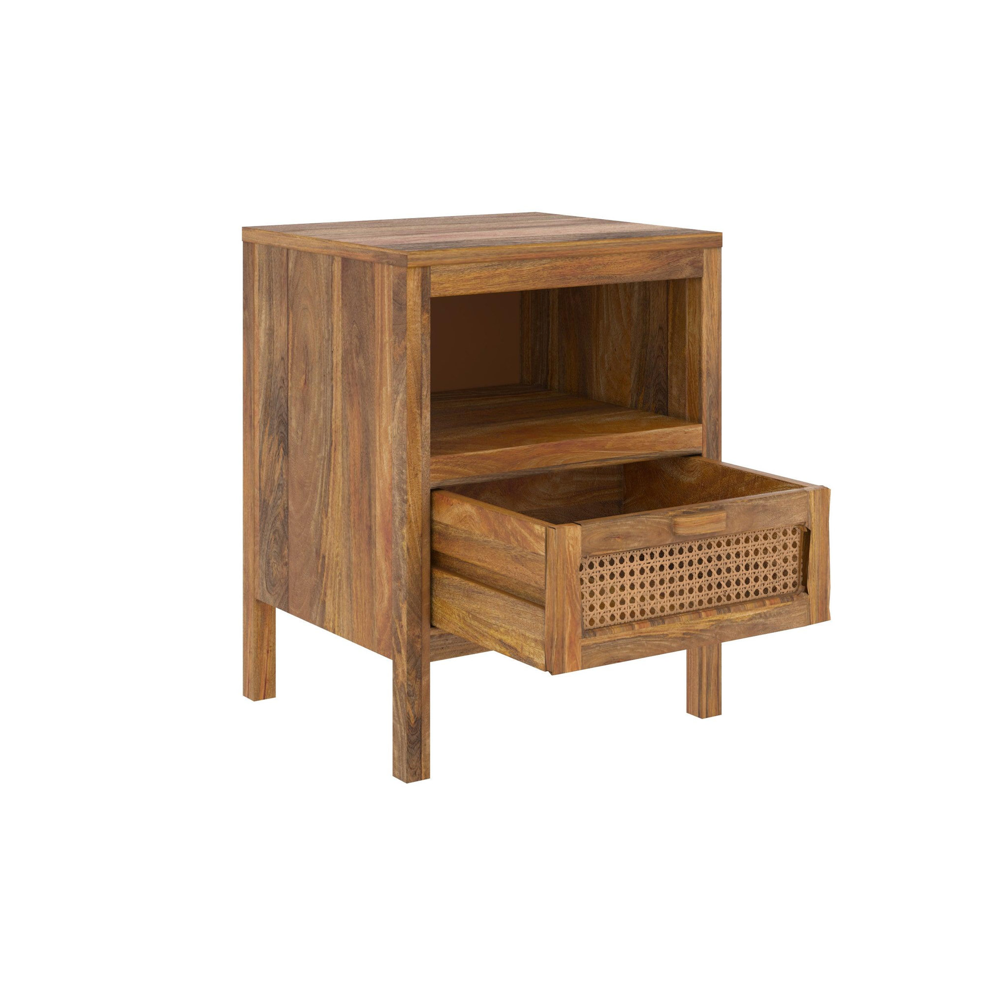 Voir la diapositive 6 : MAISON PAVANE Table de chevet en bois de manguier et cannage , 1 tiroir et 1 niche-Tiki