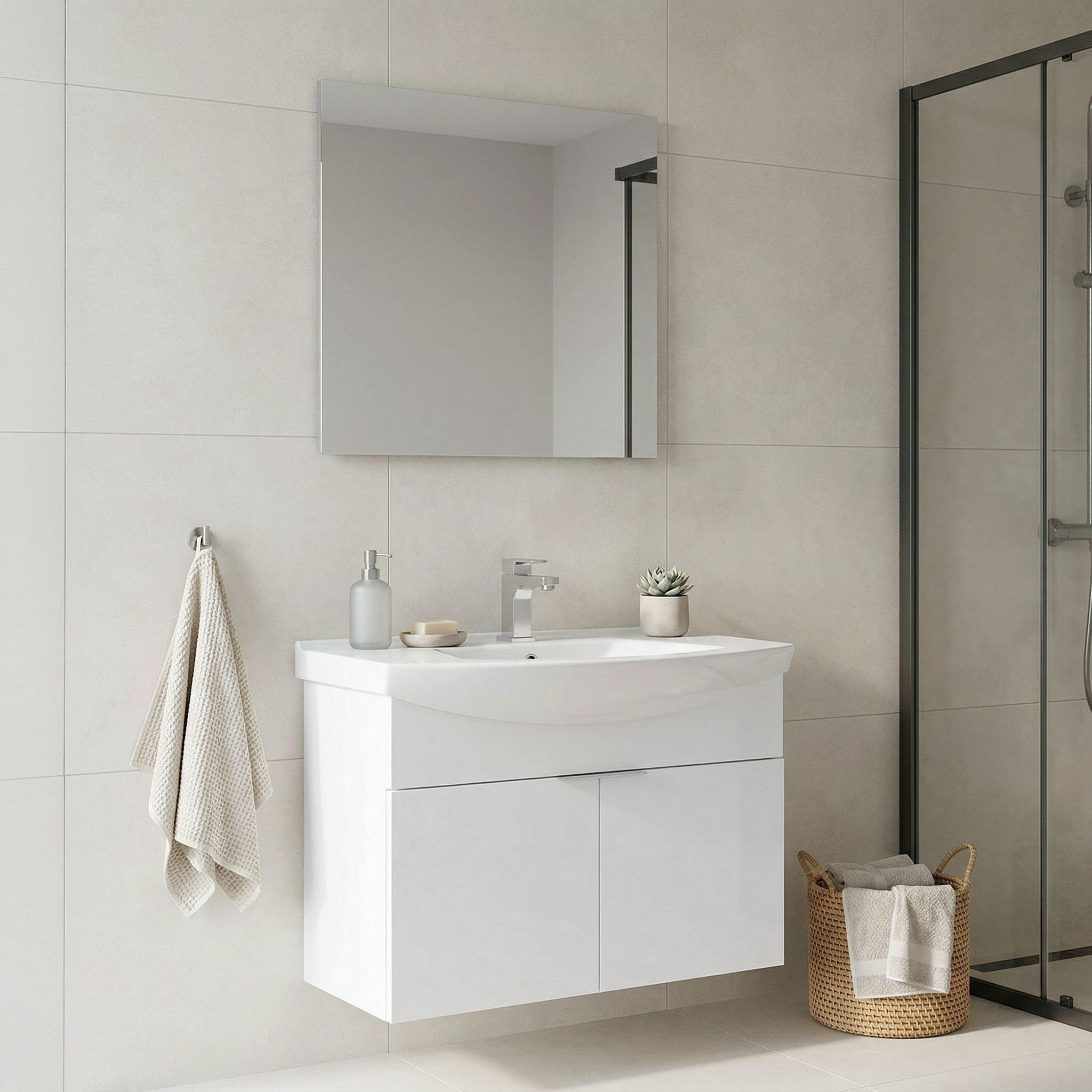 Voir la diapositive 2 : Habitat et Jardin Meuble avec simple vasque et miroir  purus 80  - 80 x 50 x 58 cm - white