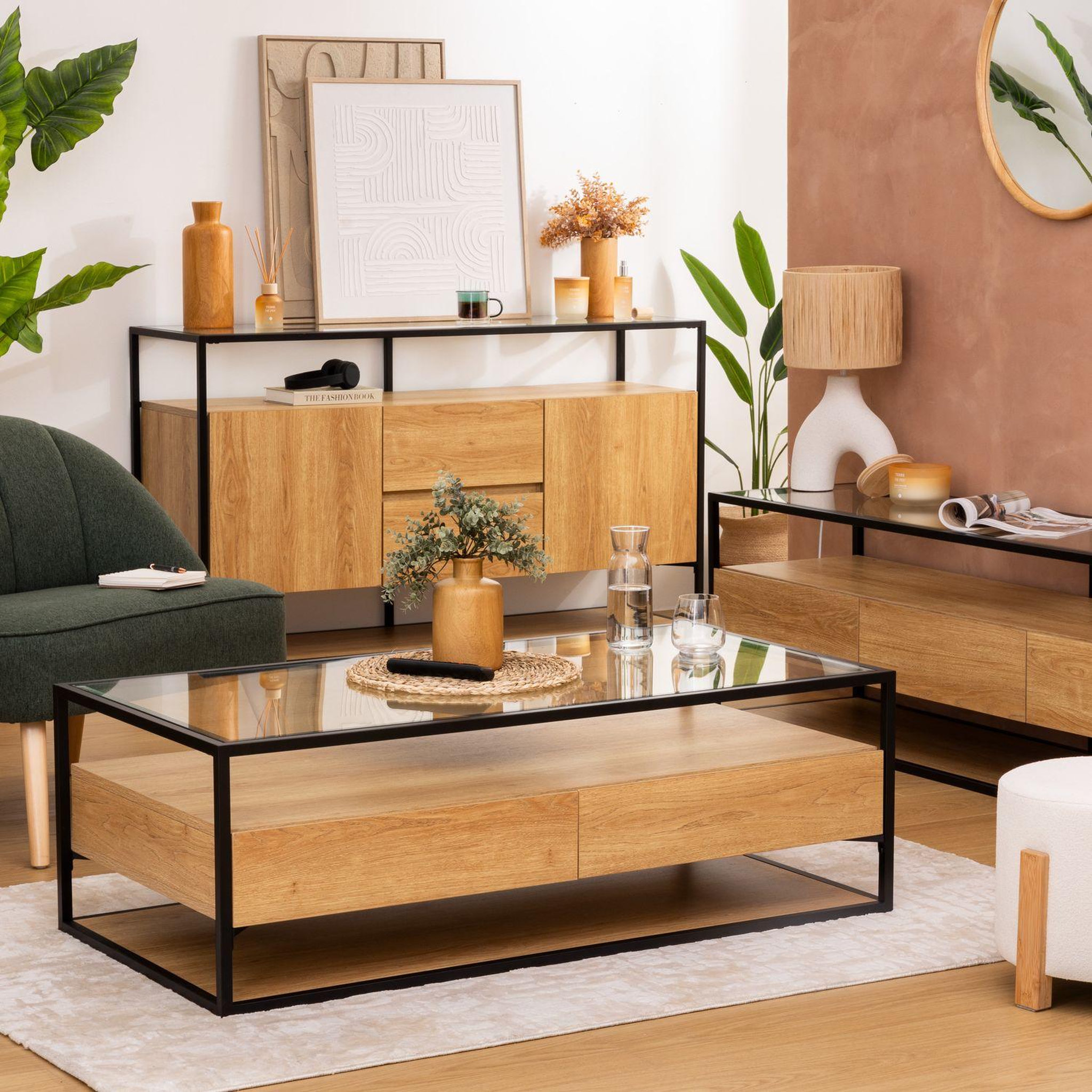 Voir la diapositive 2 : ATMOSPHERA Table basse 2 tiroirs effet bois et verre aldea - beige