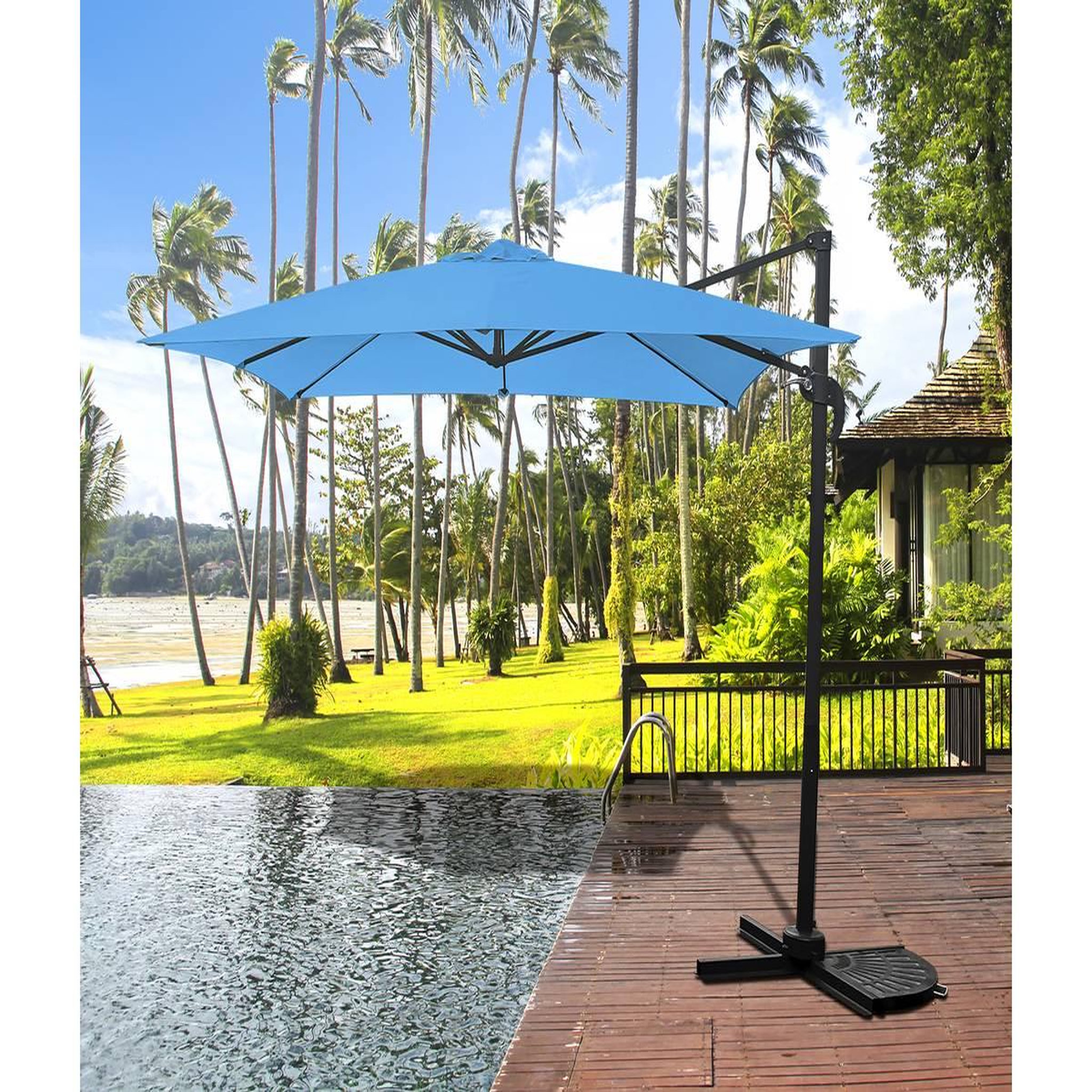 Voir la diapositive 2 : Habitat et Jardin Parasol jardin déporté  Soleil  - Carré - 2.5 x 2.5 m - Bleu + Dalles à lester incluses