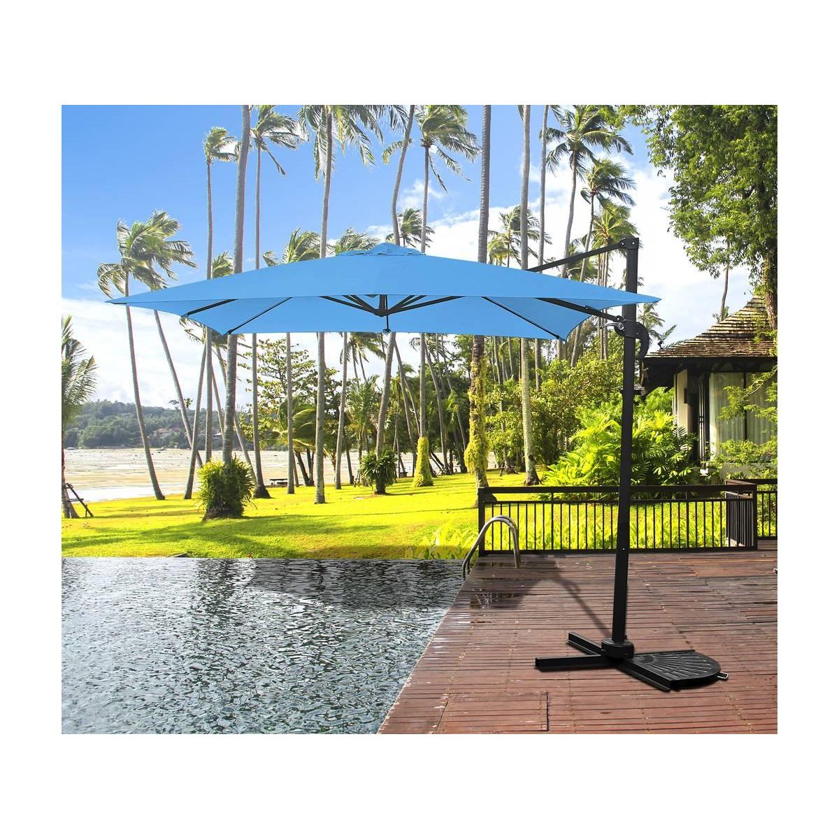 Habitat et Jardin Parasol jardin déporté  Soleil  - Carré - 2.5 x 2.5 m - Bleu + Dalles à lester incluses