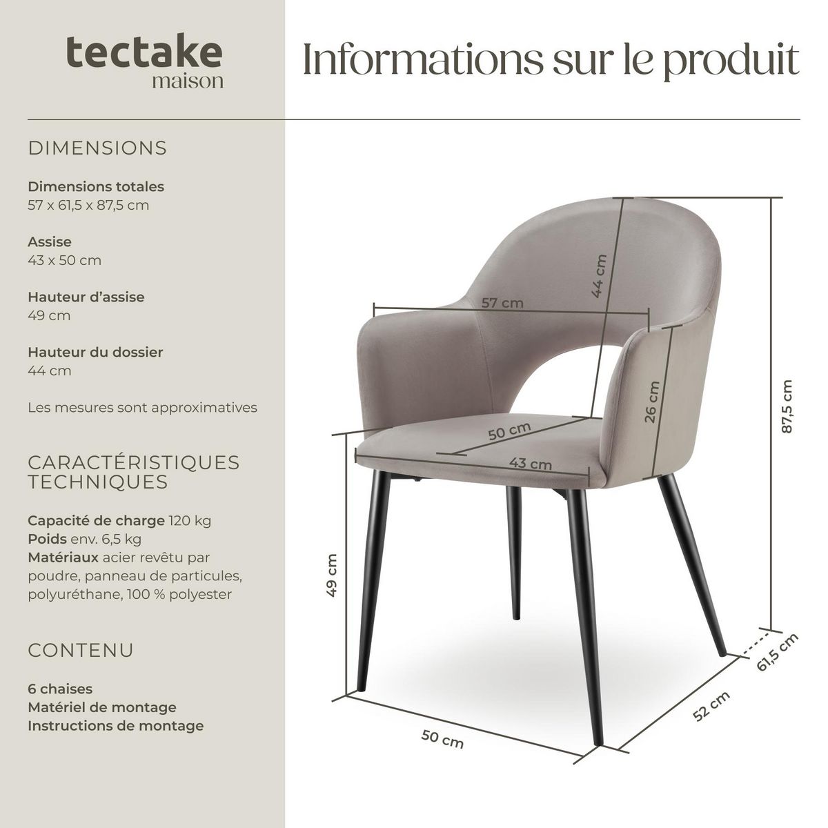 tectake Fauteuil en velours et rembourré taupe Lot de 6