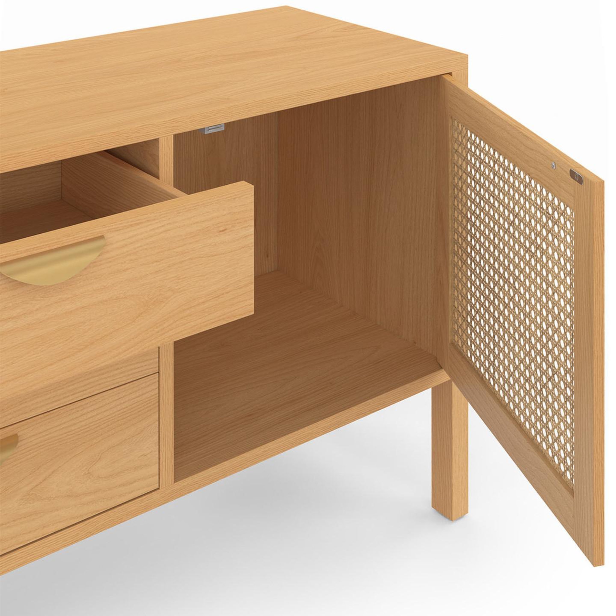 Voir la diapositive 6 : ID MARKET Buffet bas 140 cm edhen 2 portes et 3 tiroirs bois et cannage