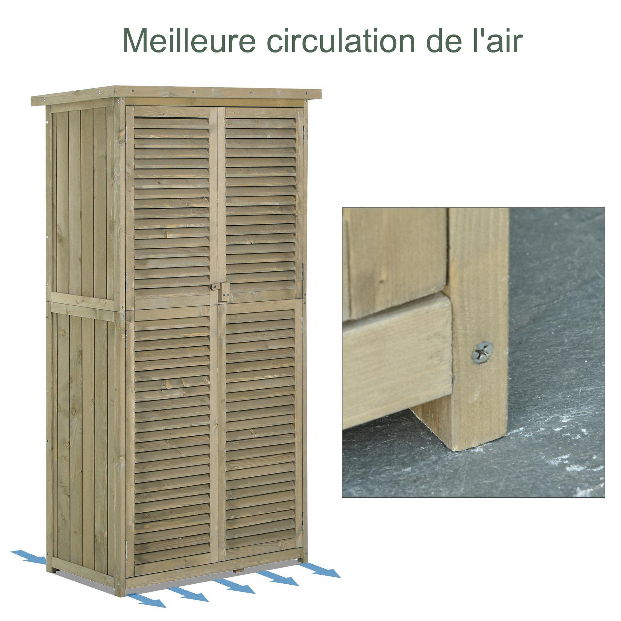 Voir la diapositive 6 : OUTSUNNY Armoire de jardin abri jardin remise pour outils sur pied dim. 79L x 42l x 160H cm 2 étagères portes persiennes toit bitumé étanche bois pin autoclave gris
