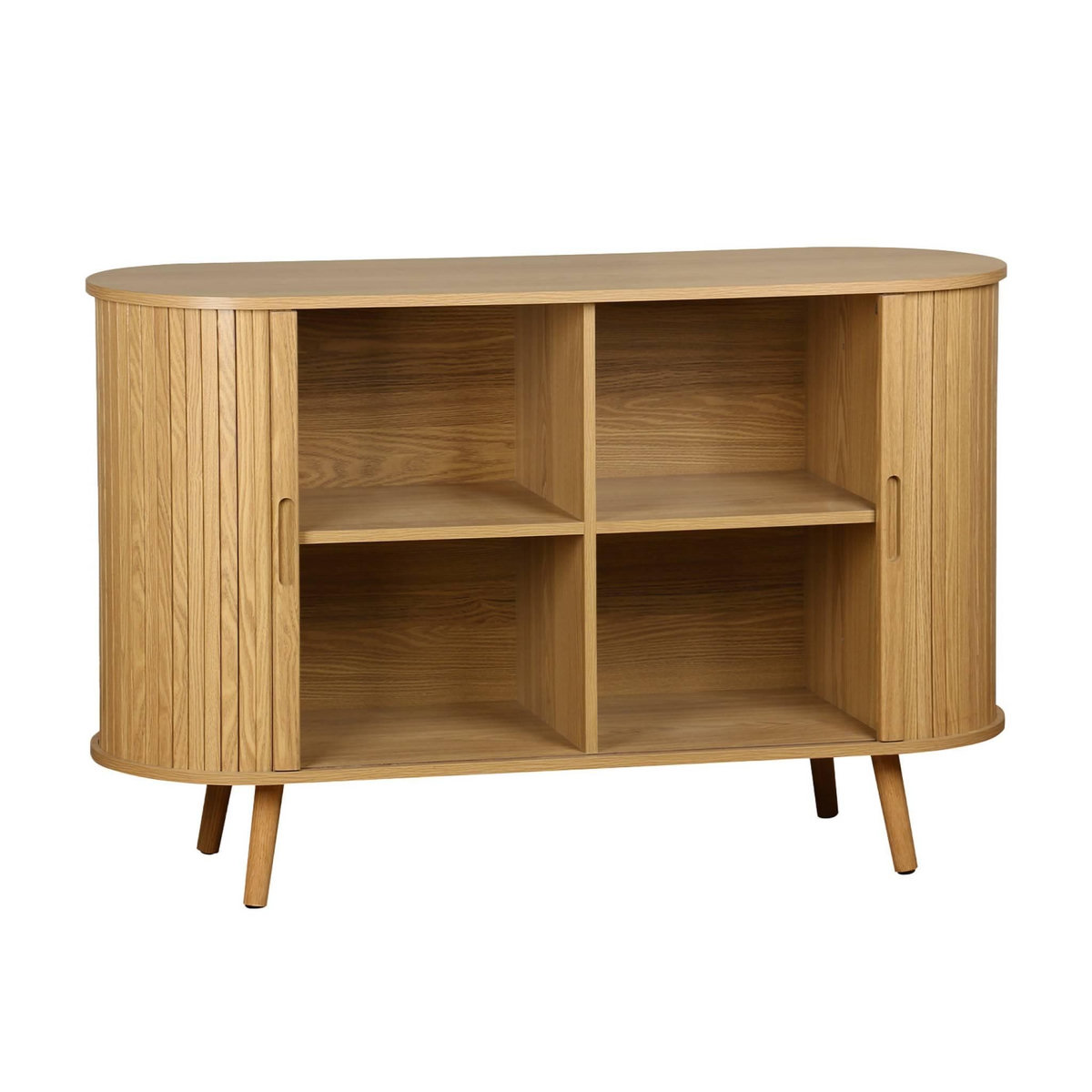 SWEEEK Buffet scandinave 2 portes coulissantes. 4 compartiments. effet bois rainuré. couleur naturelle. buffet bas. L 120 x P 40 x H 75cm