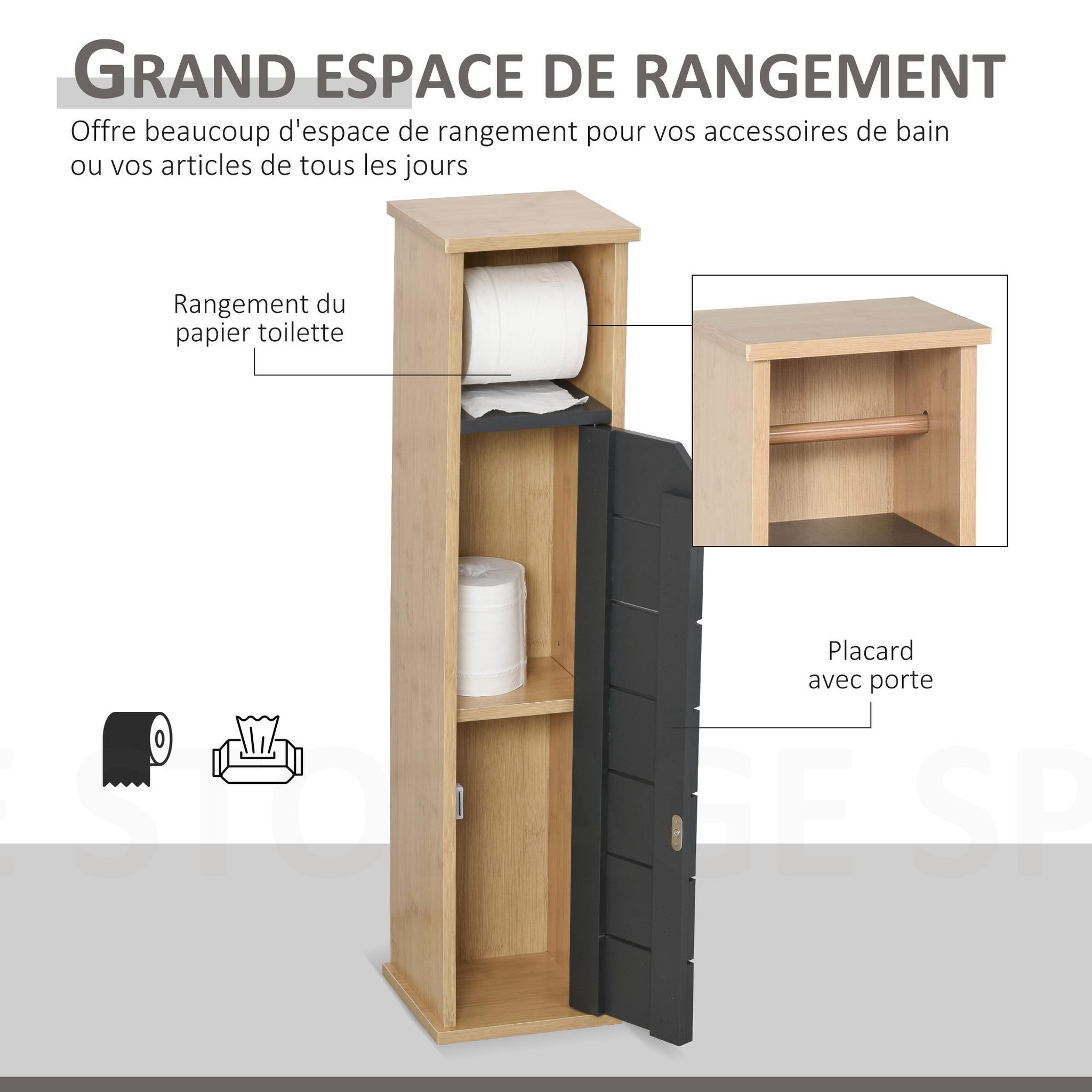 Voir la diapositive 4 : HOMCOM Support papier toilette - porte-papier toilette - armoire pour papier toilette - 2 niveaux + sortie papier mdf gris bambou