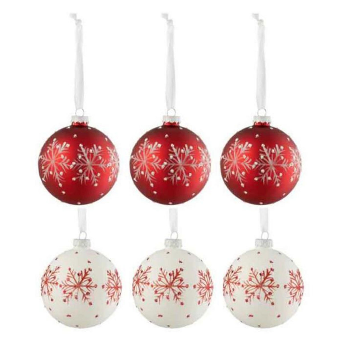 Paris Prix Lot de 6 Boules de Noël  Flocons de Neige  8cm Blanc & Rouge