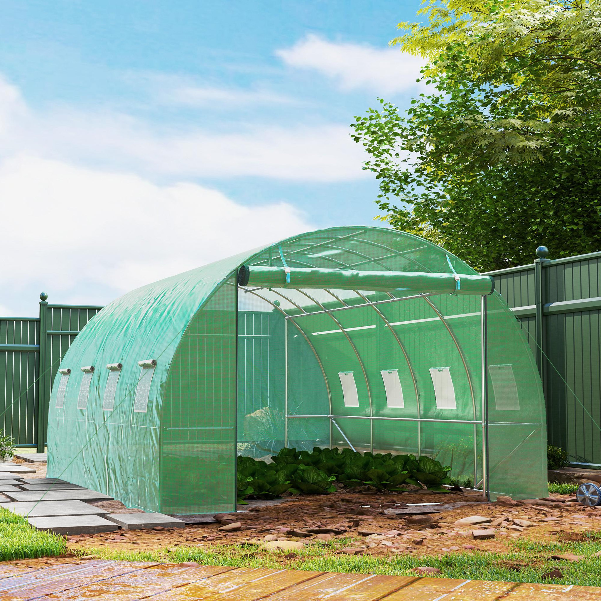 Voir la diapositive 4 : OUTSUNNY Serre de jardin 12 m² - porte zippée enroulable, 8 fenêtres - acier galvanisé pe haute densité 170 g/m² vert