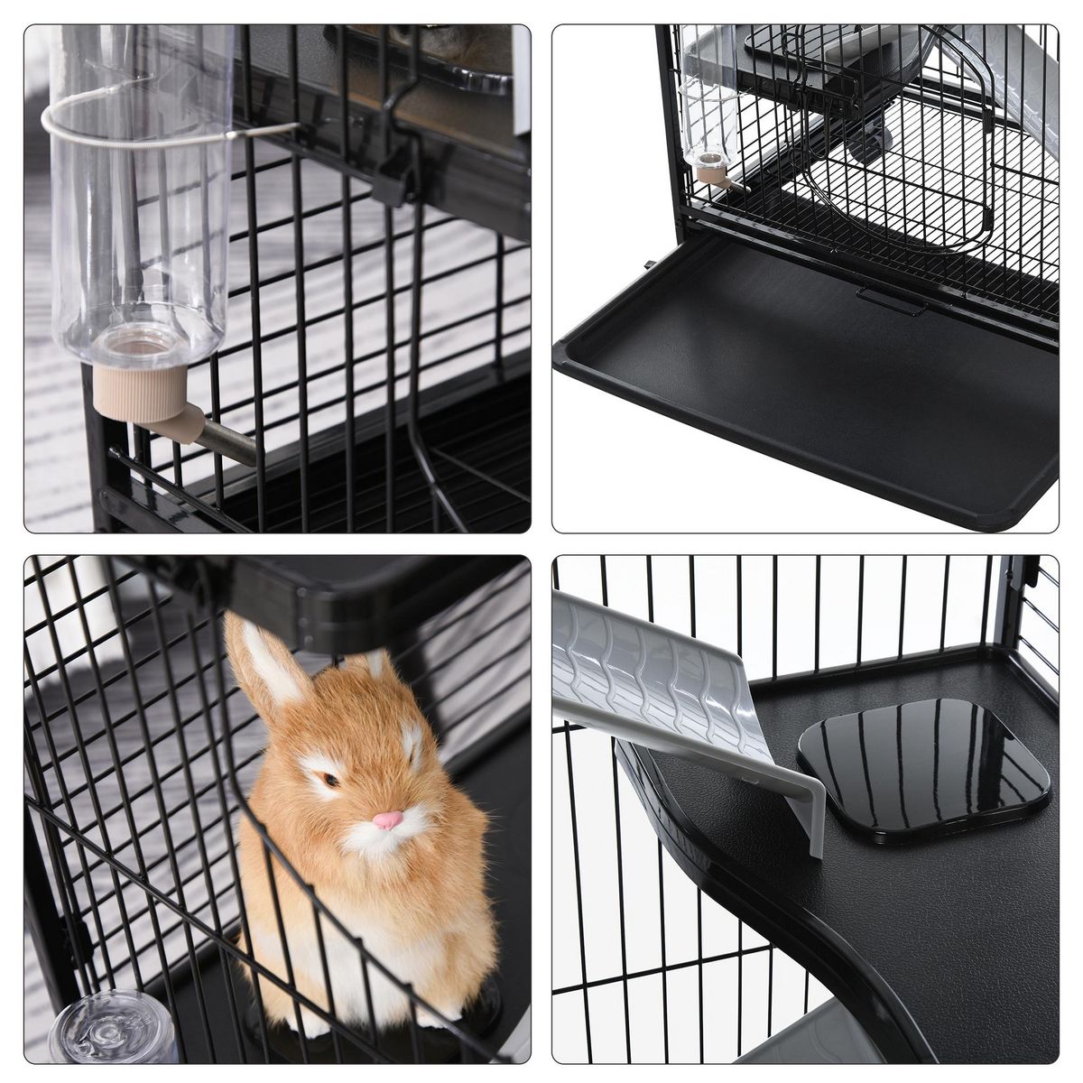 PAWHUT PawHut Cage pour Petits Animaux Roulante 3 Rampes 3 Plates-formes Plat et Bouteille d'Eau Bac Inférieur Amovible Acier PP Noire