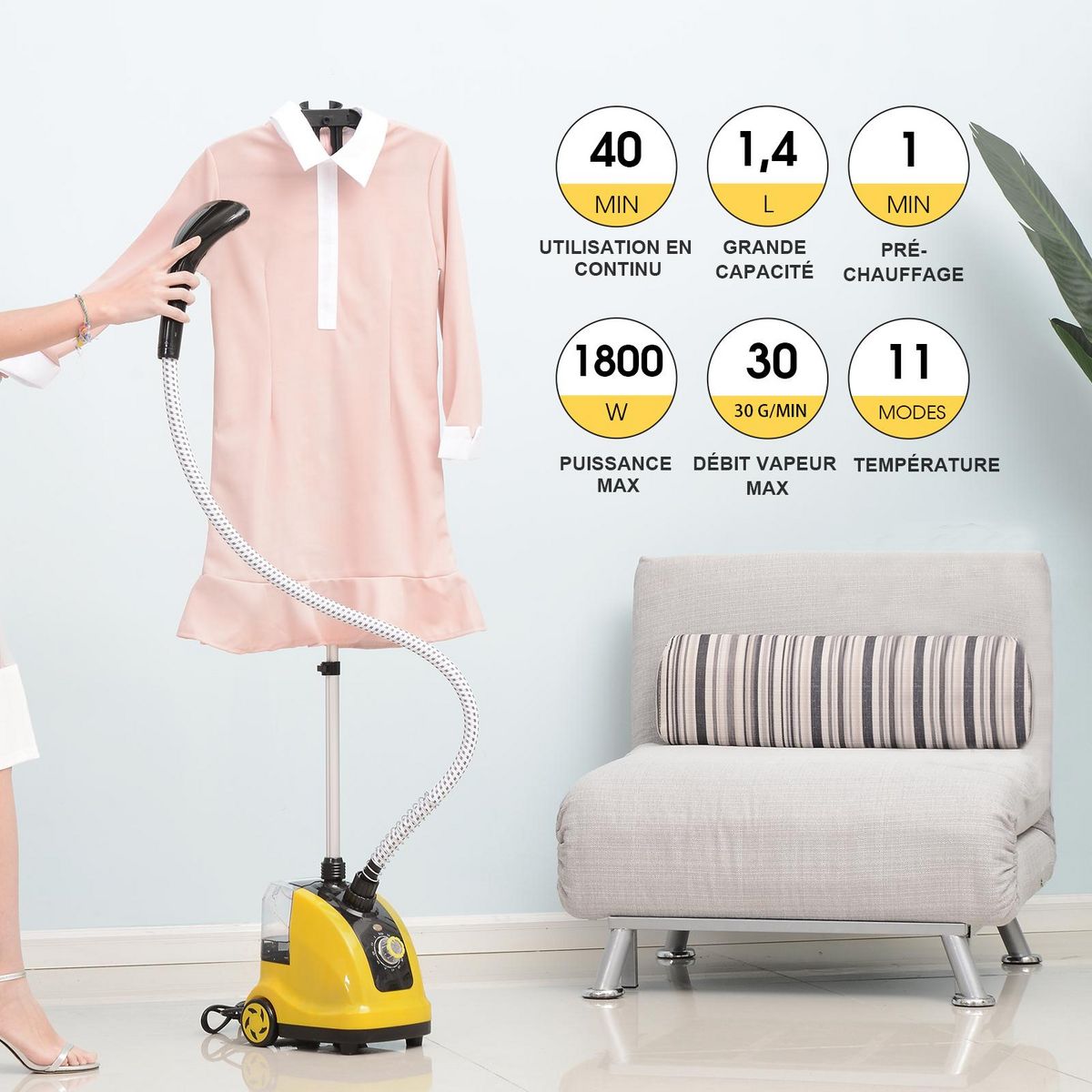 HOMCOM HOMCOM Défroisseur vapeur vertical défroisseur à vêtements 1,4 L 1950 W débit vapeur 30g/min tige telescopique jaune noir