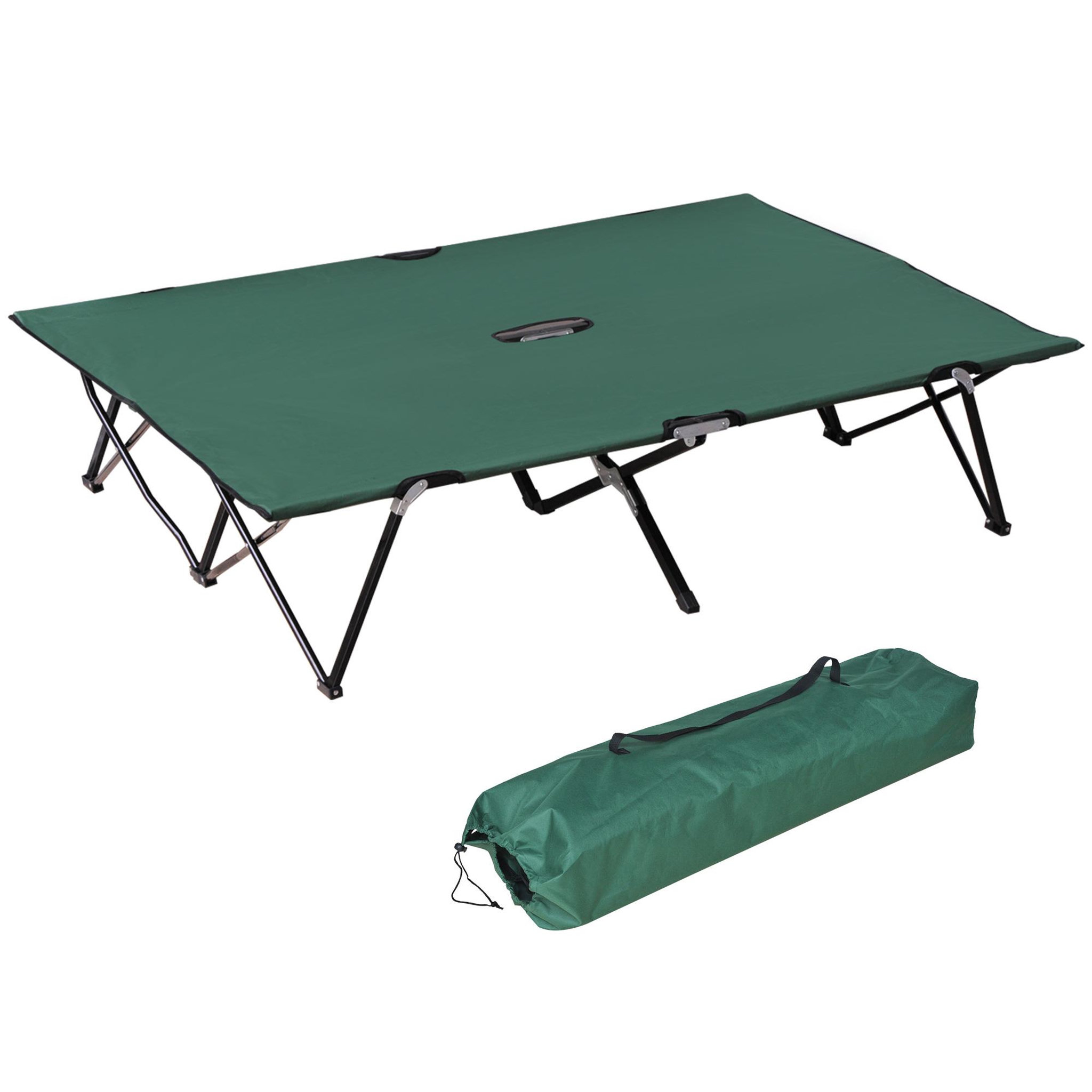 Voir la diapositive 1 : OUTSUNNY Lit de camp pliable double 193 x 125 x 40 cm avec sac de transport métal noir polyester Oxford vert