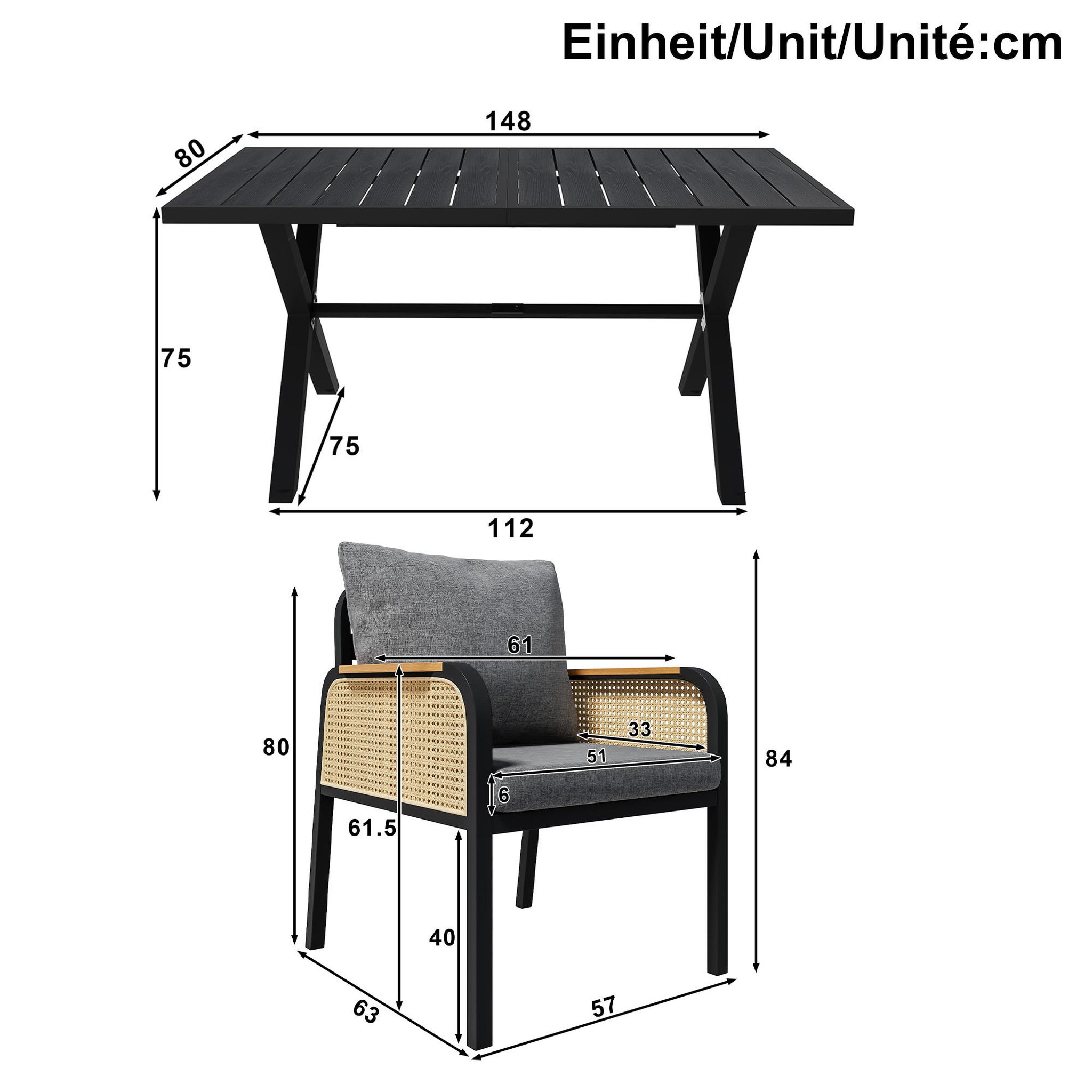 Voir la diapositive 3 : MERAX Salon de jardin 6 places en fer avec 1 table 6 chaises, noir  bois