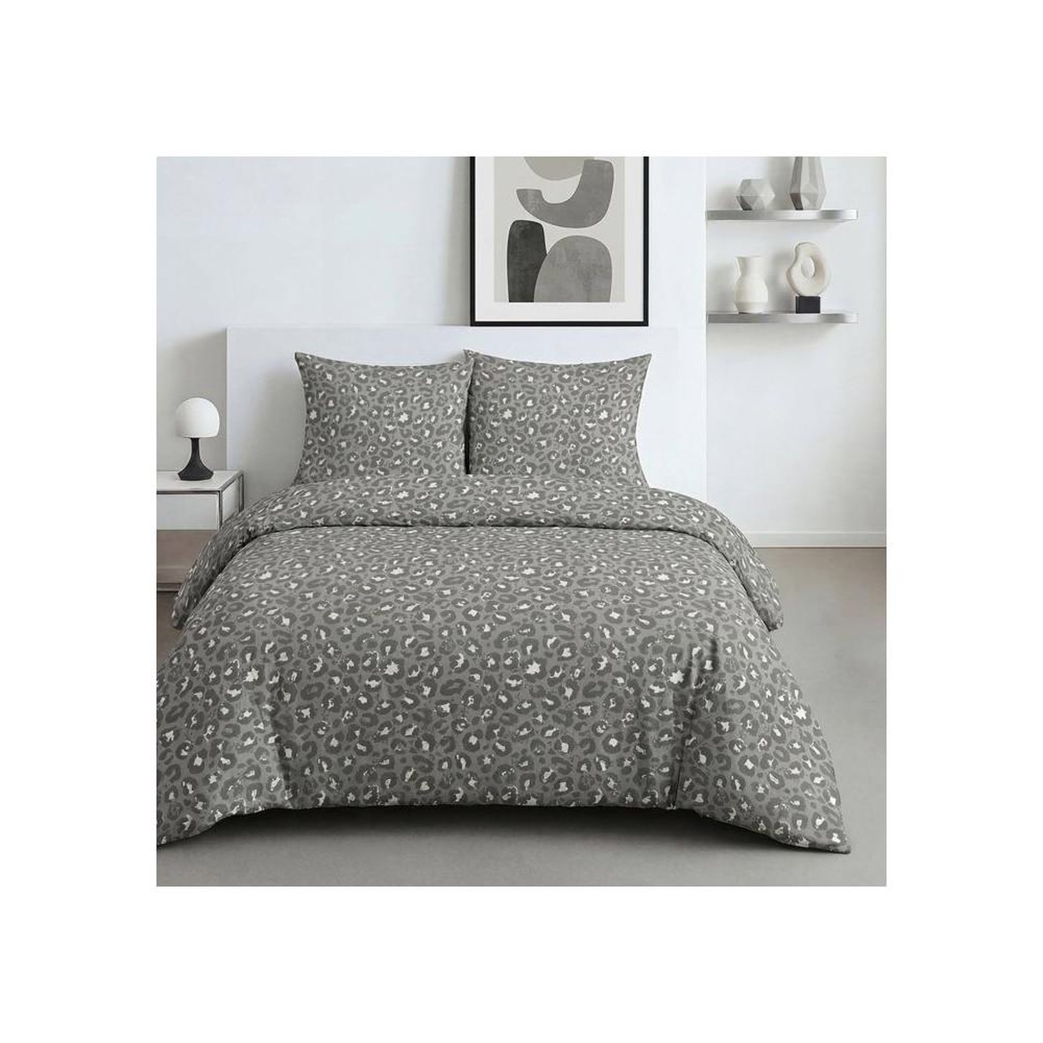 Today Parure de lit today sunshine coton 240x220 cm imprimé léopard gris anthracite, réversible pour 2 personnes, housse de couette + 2 taies 63x63 cm