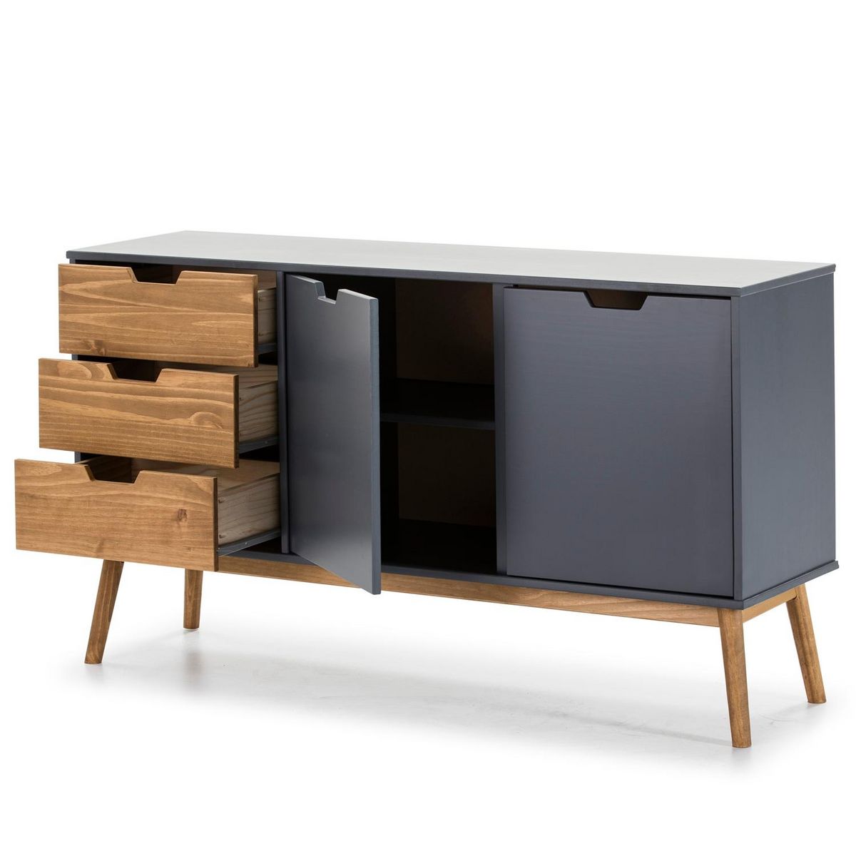 VS VENTA-STOCK Buffet Commode Java 3 tiroir y 2 Porte Anthracite, glissières métalliques, 140 cm