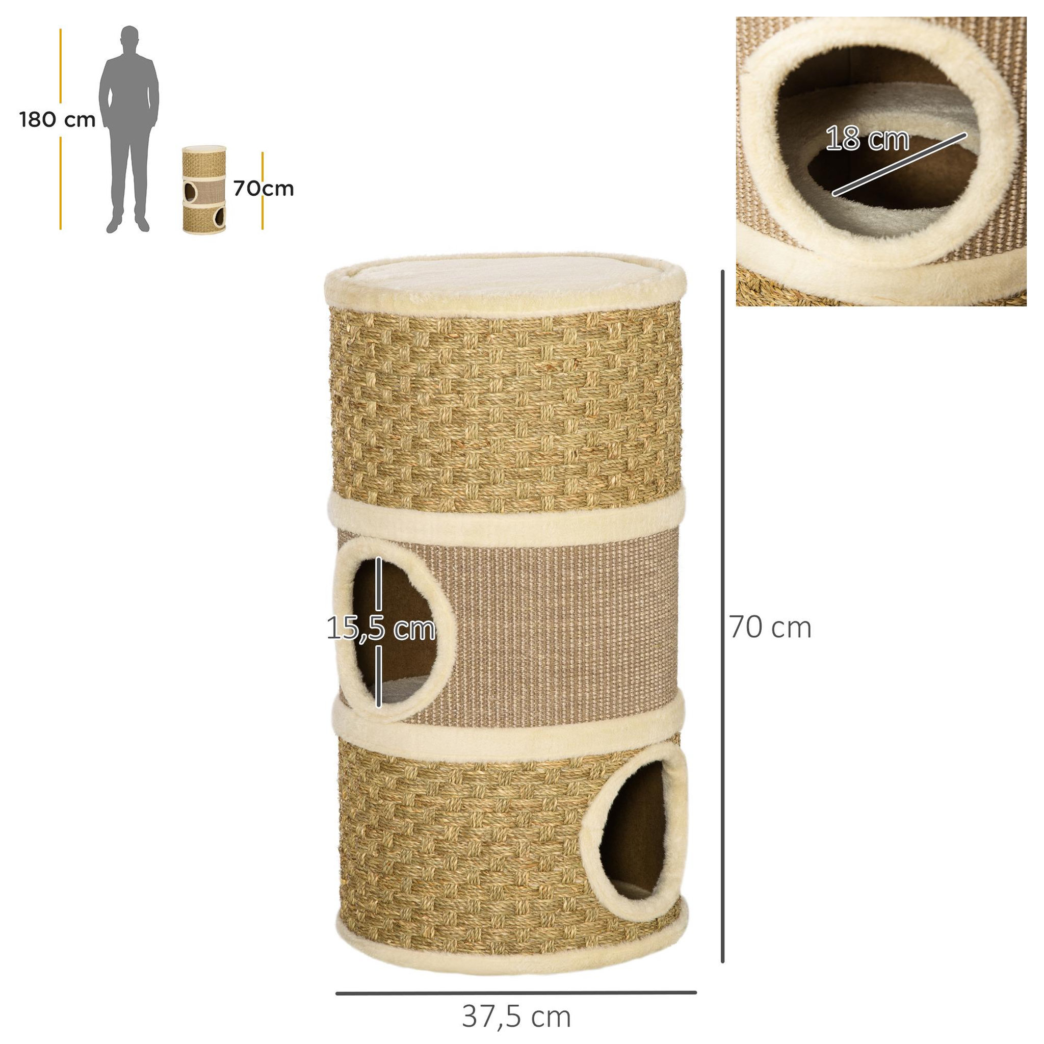 Voir la diapositive 3 : PAWHUT Arbre à chat cylindrique - tour à griffer pour chat - arbre à chat tour - tonneau griffoir - 3 niches + plateforme - sisal corde d'algues beige