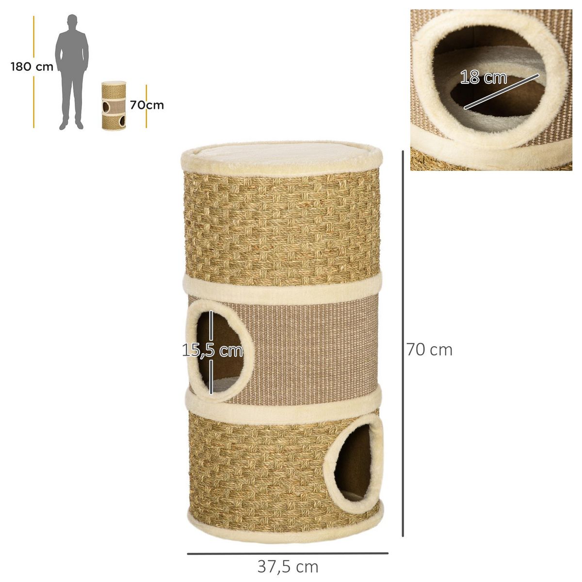 PAWHUT Arbre à chat cylindrique - tour à griffer pour chat - arbre à chat tour - Tonneau griffoir - 3 niches + plateforme - sisal corde d'algues beige