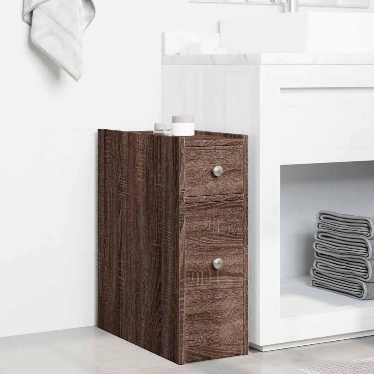 VIDAXL Armoire de salle de bain etroite avec roulettes chene marron