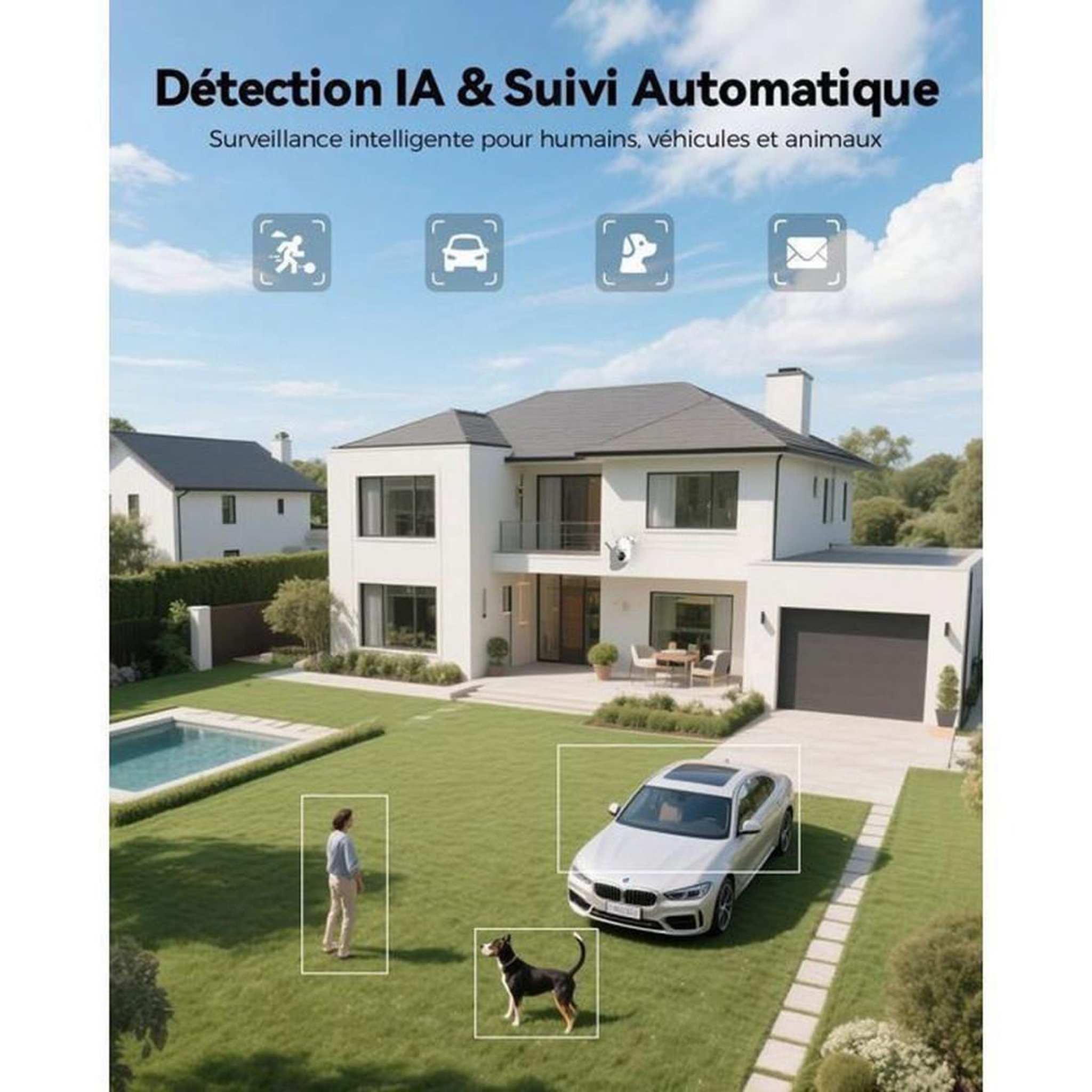Voir la diapositive 2 : Caméra de sécurité WiFi PTZ 5MP extérieure dôme multi-angle 355°/90°, vision nocturne couleur jusqu'à 30 m, détection IA humain/véhicule/animal, double bande 2,4/5 GHz