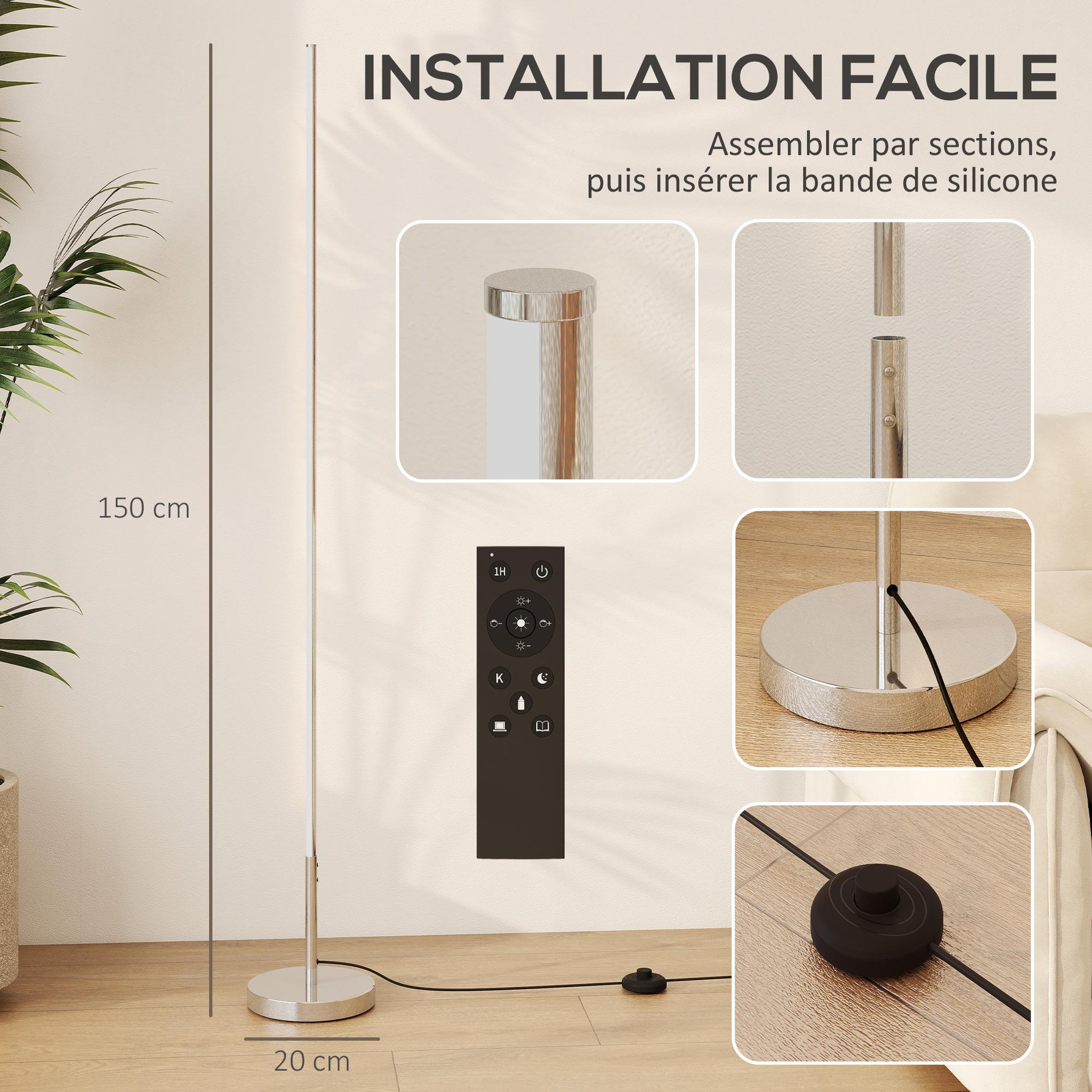 Voir la diapositive 3 : HOMCOM Lampadaire tube LED droit dimmable réglable 18W H.150cm avec télécommande acier gris