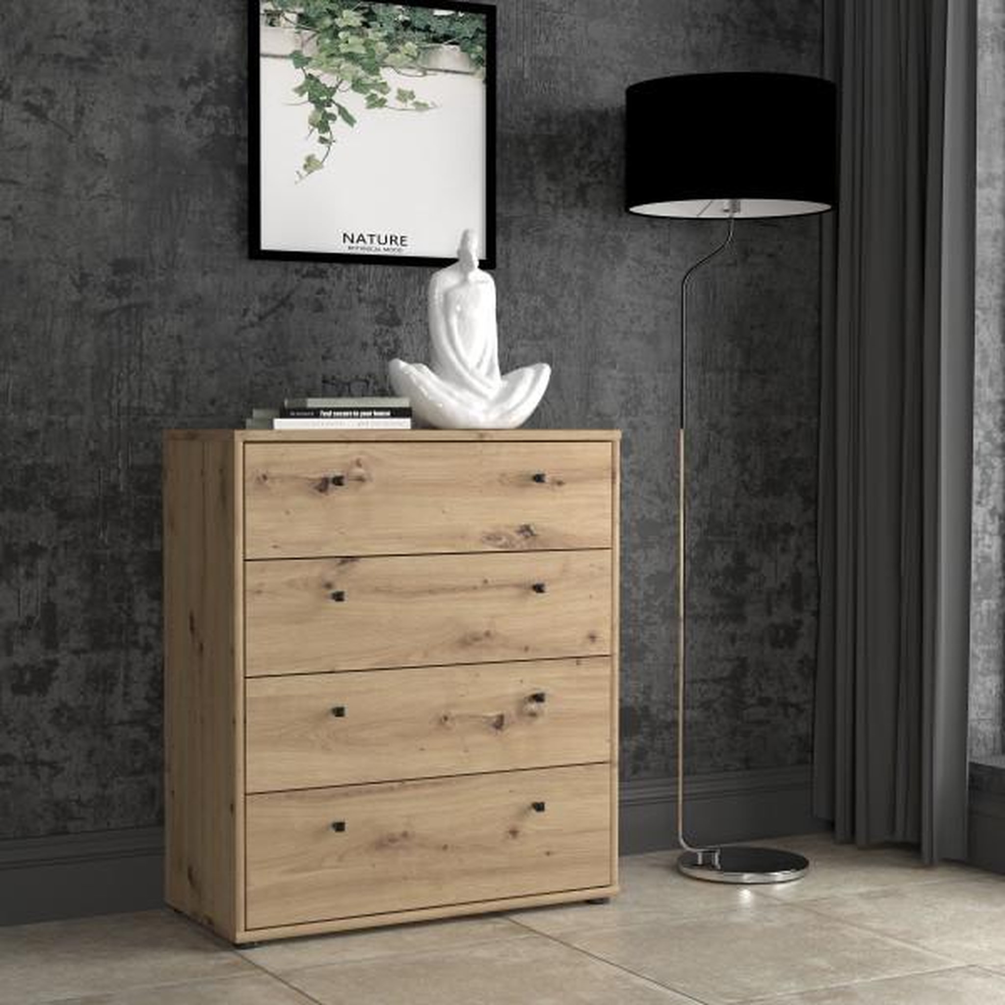 Voir la diapositive 2 : MARKET24 Commode TEMPRA – Effet Chene Artisan – 4 Tiroirs – L 73,7 × P 34,8 × H 85,5 cm