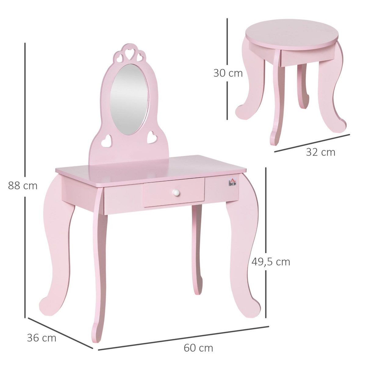 HOMCOM Coiffeuse enfant design girly avec motifs à coeur - tabouret inclus - dim. 60L x 36l x 88H cm - tiroir, miroir - MDF - rose