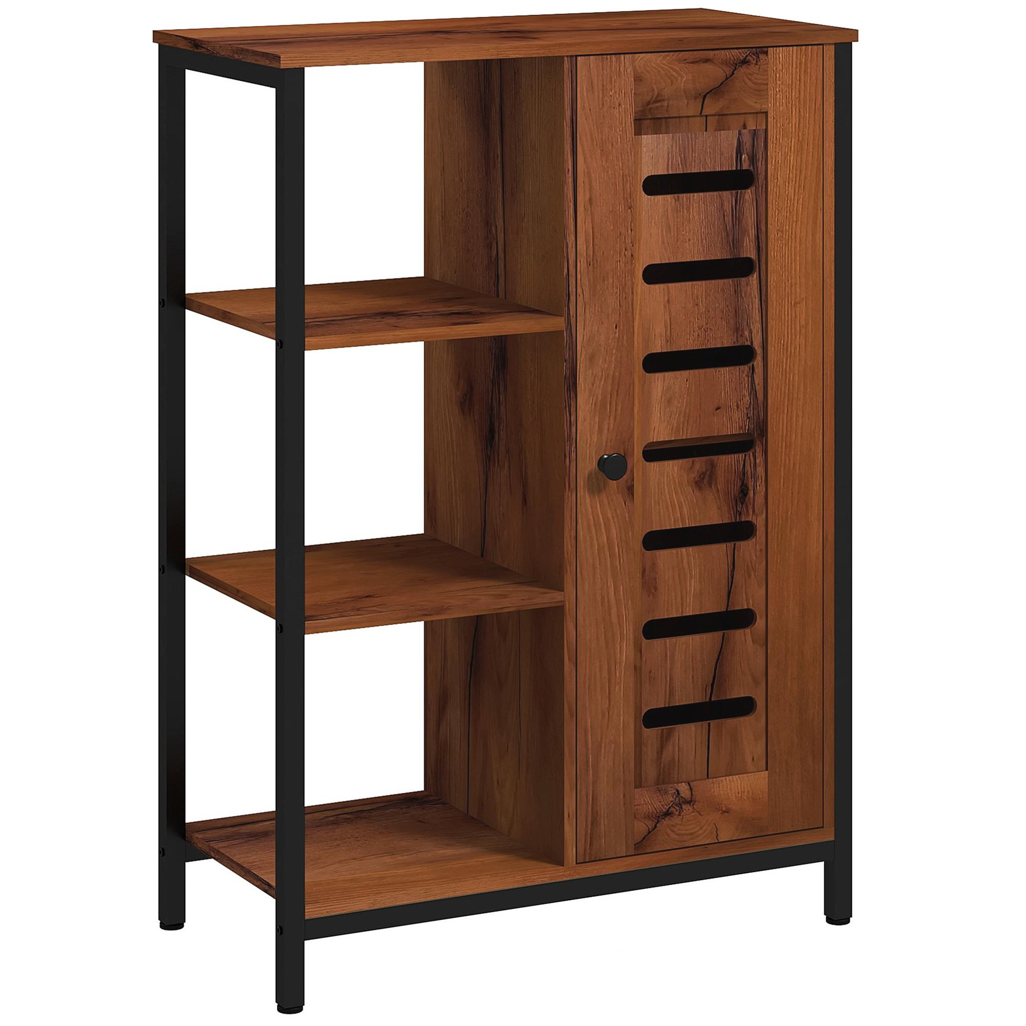 Voir la diapositive 1 : KLEANKIN Meuble de salle de bain sur pied, meuble de rangement, design industriel, structure en acier, 3 étagères ouvertes, placard à 2 niveaux, porte à lamelles, 60 x 30 x 85 cm, marron rustique