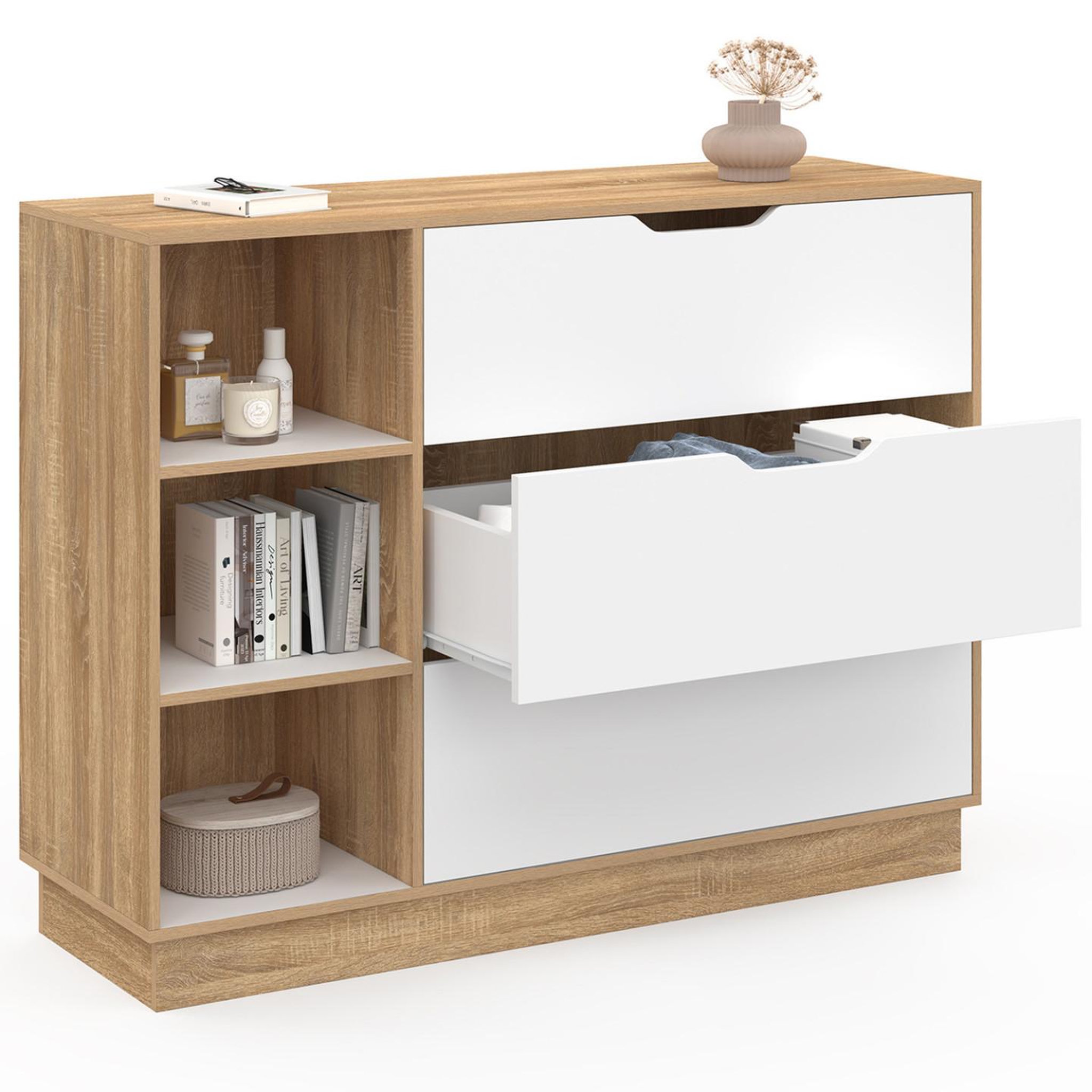 Voir la diapositive 4 : ID MARKET Commode 3 tiroirs et 3 niches oxana hêtre et blanc